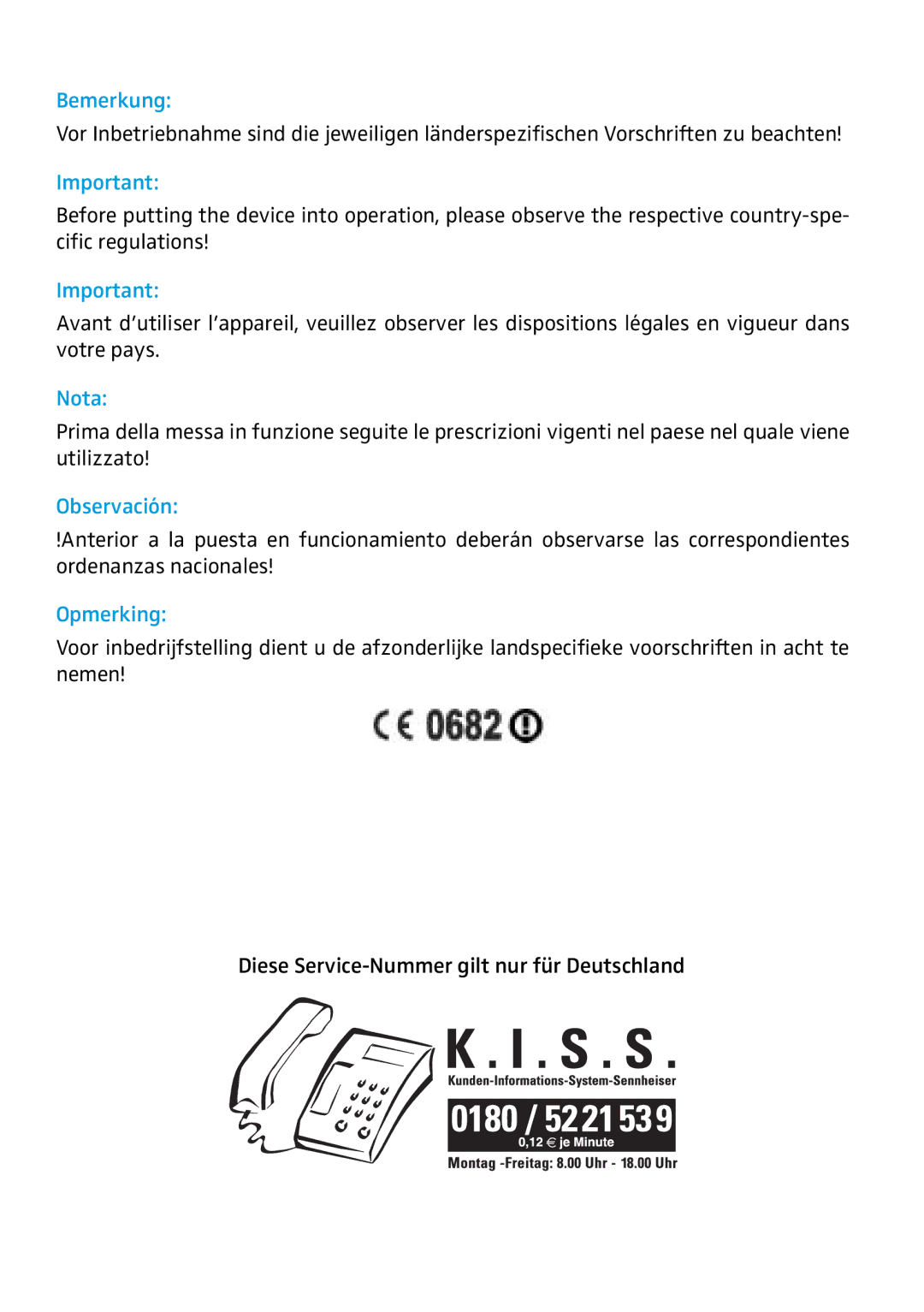 Sennheiser AC 2 manual Bemerkung, Nota, Observación, Opmerking 