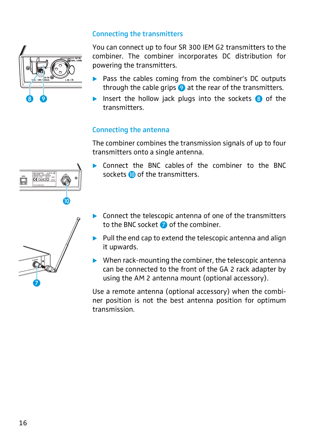 Sennheiser AC 2 manual Connecting the transmitters, Connecting the antenna 