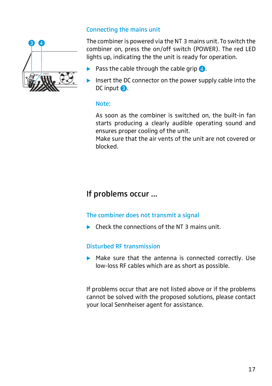 Sennheiser AC 2 manual If problems occur, Connecting the mains unit, Combiner does not transmit a signal 