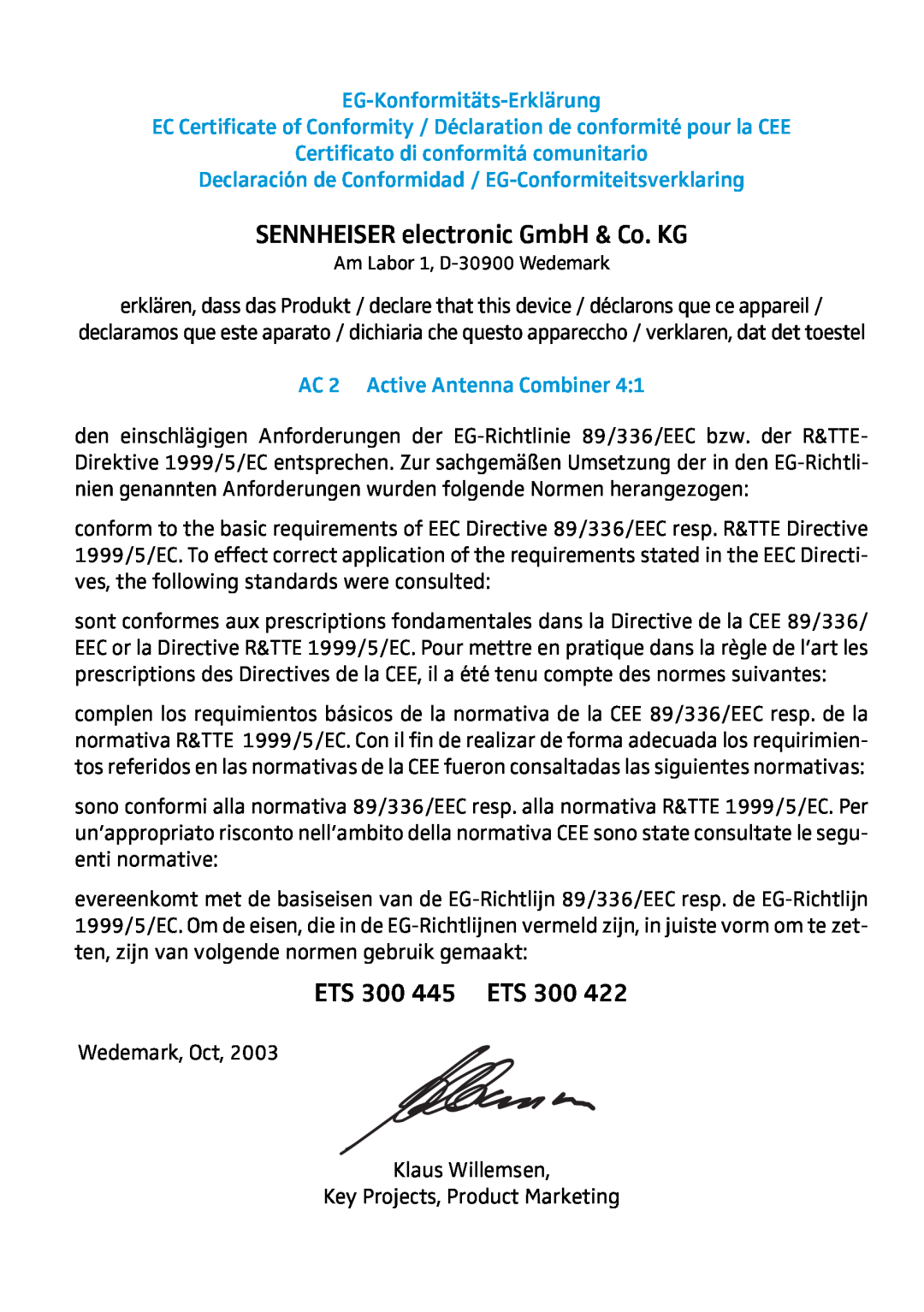 Sennheiser AC 2 manual SENNHEISER electronic GmbH & Co. KG, ETS 300 445 ETS, EG-Konformitäts-Erklärung 