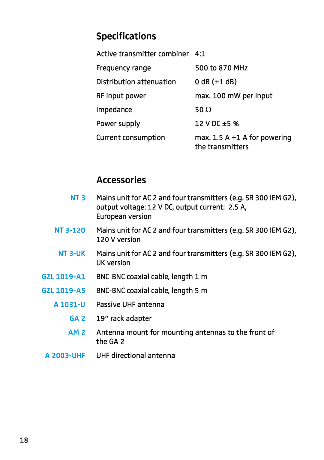 Sennheiser AC 2 manual Specifications, Accessories 