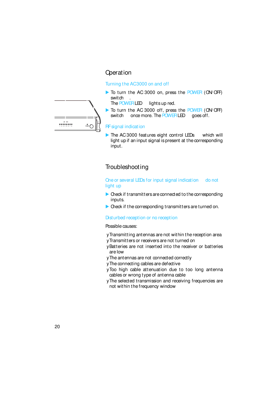 Sennheiser manual Operation, Troubleshooting, Turning the AC 3000 on and off, Disturbed reception or no reception 