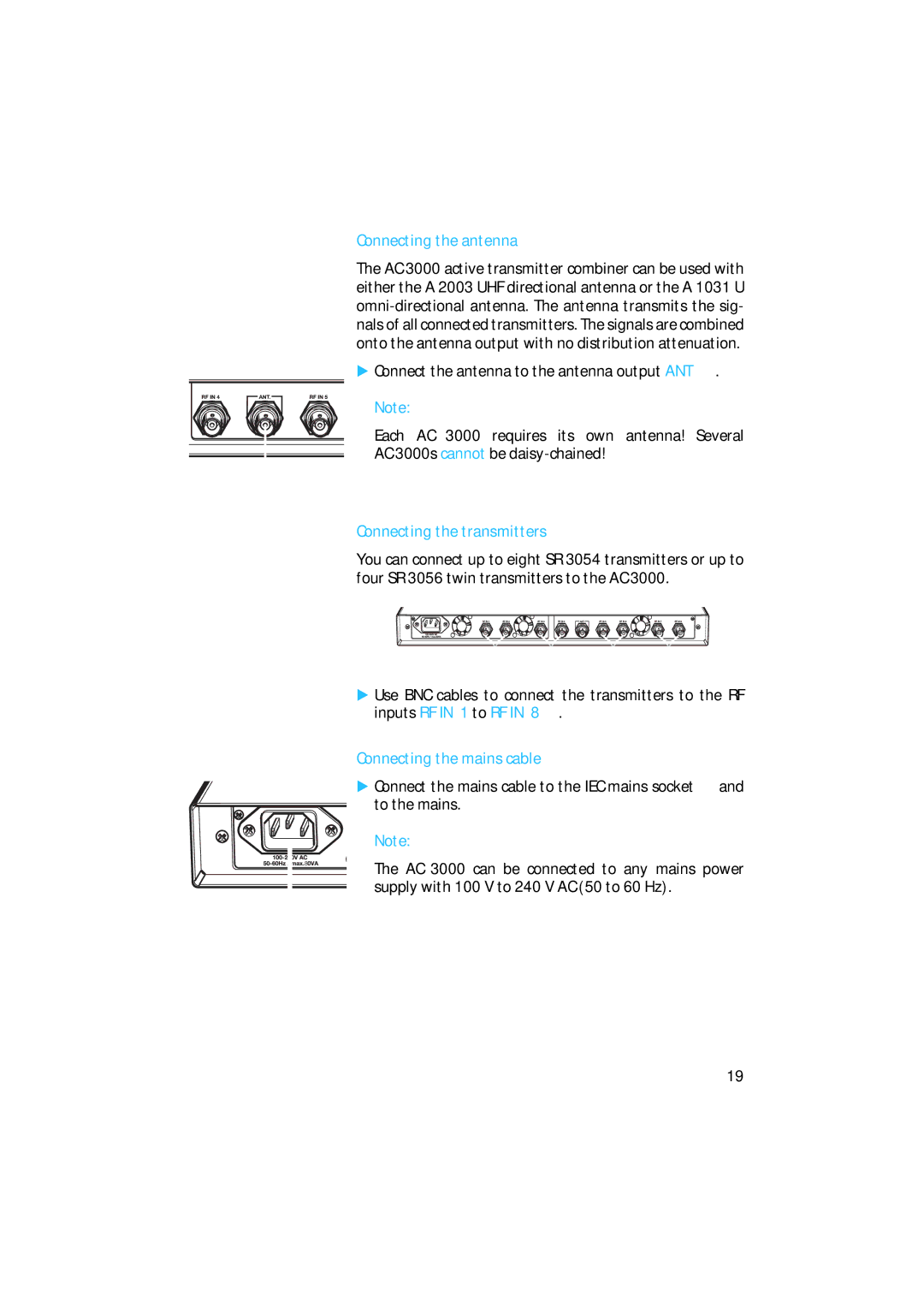 Sennheiser AC 3000 Connecting the antenna, Connecting the transmitters, Inputs RF in 1 to RF Connecting the mains cable 