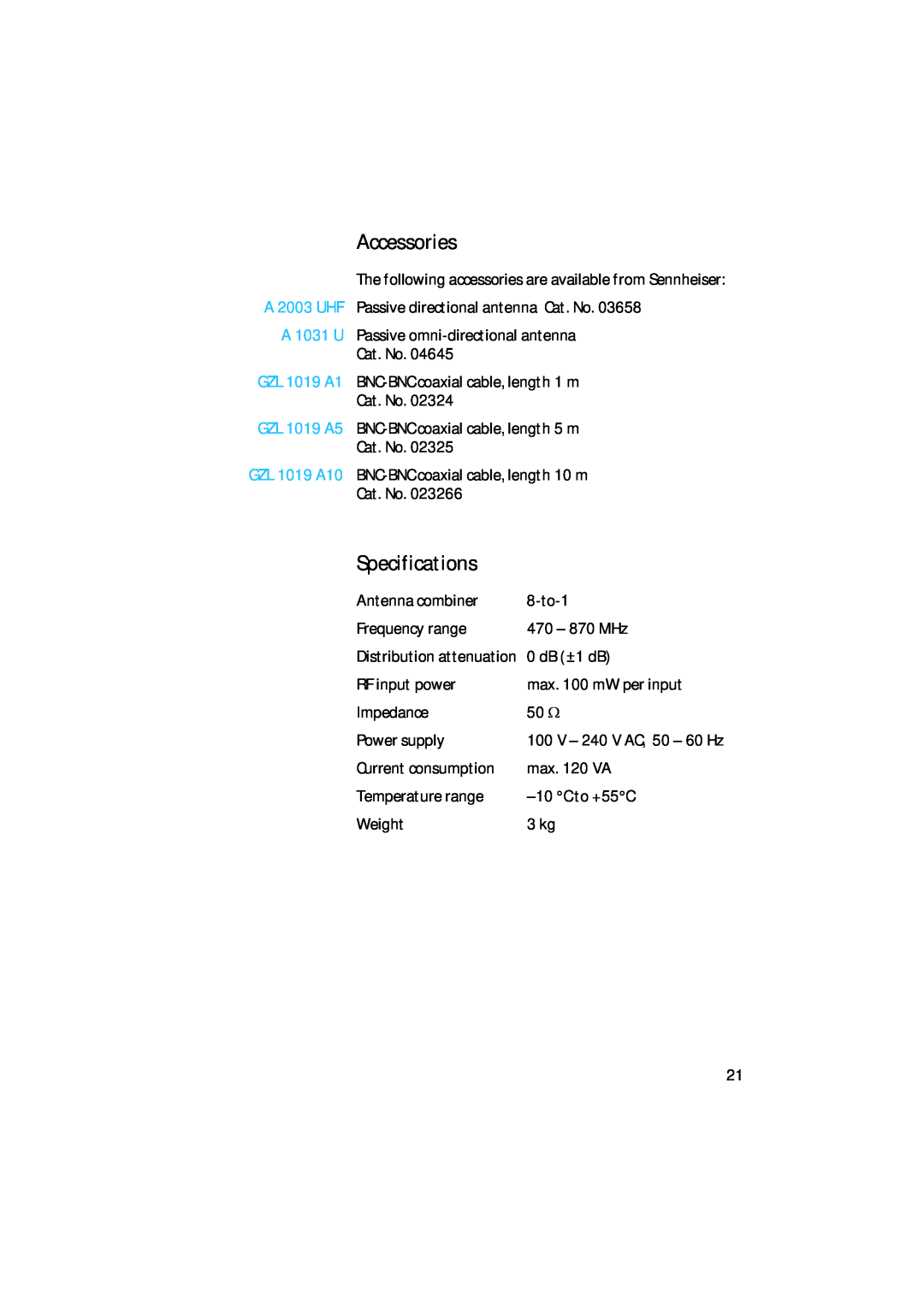 Sennheiser AC 3000 manual Accessories, Specifications 