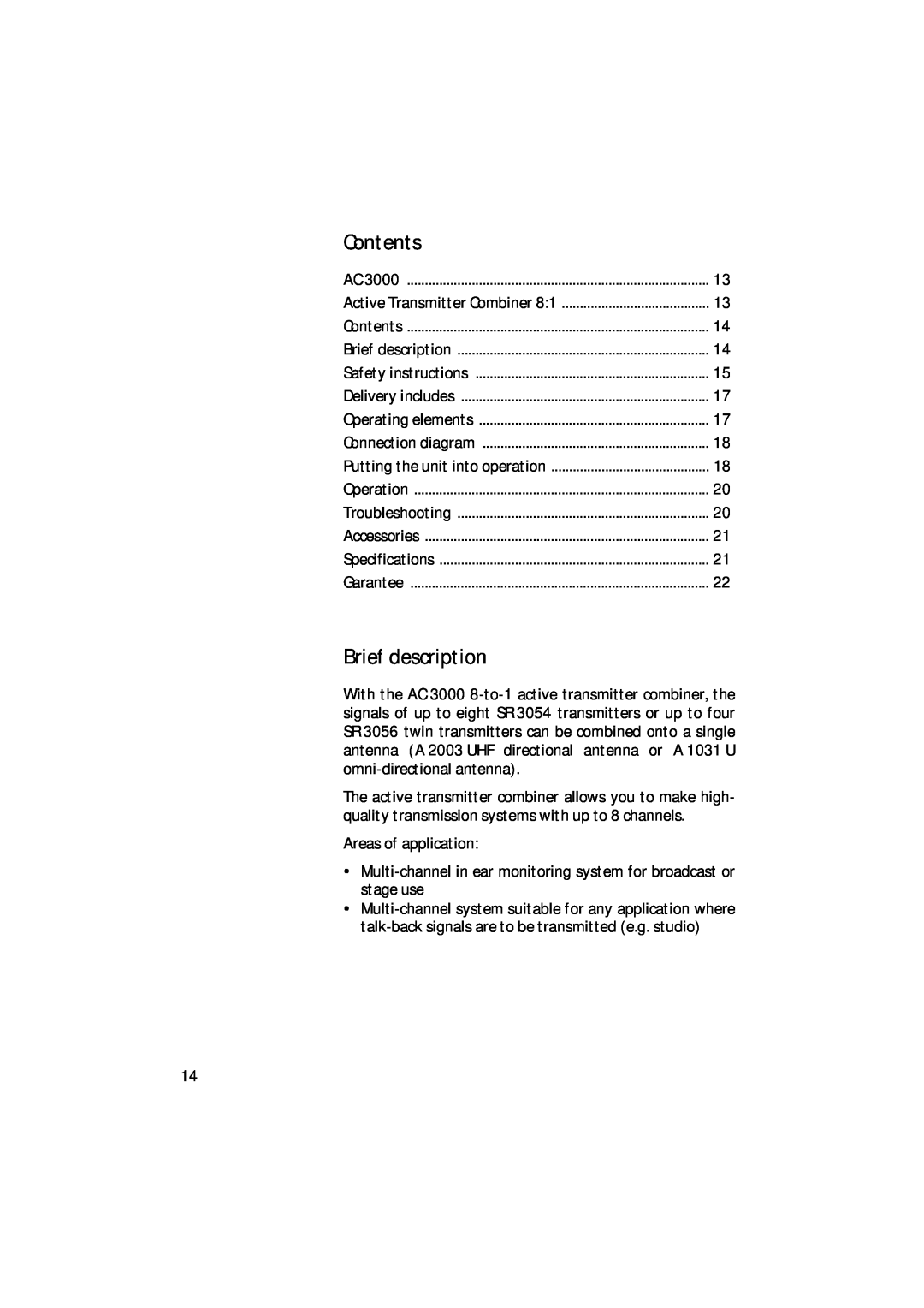 Sennheiser AC 3000 manual Contents, Brief description 