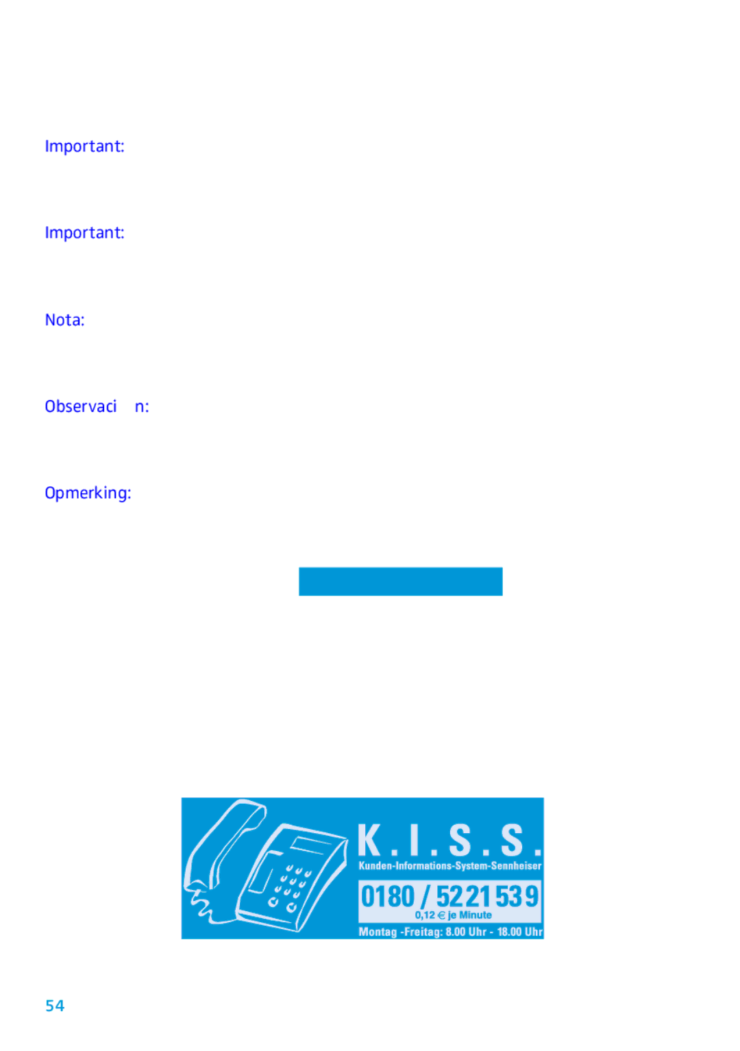 Sennheiser AC2 manual Bemerkung, Nota, Observación, Opmerking 