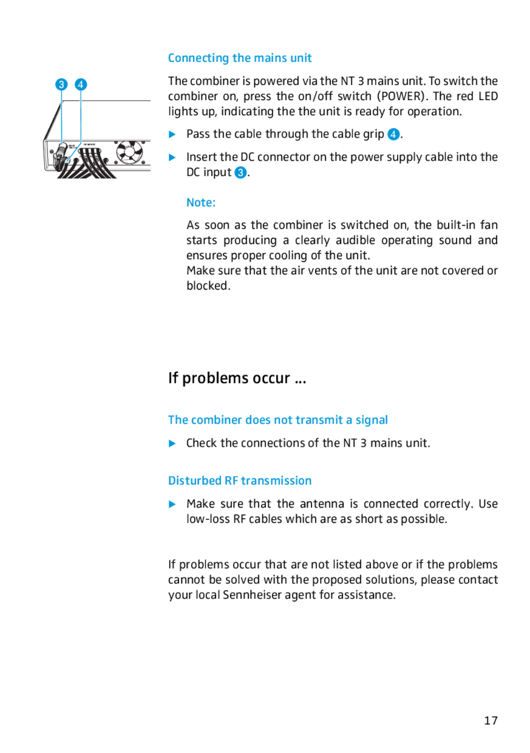 Sennheiser AC2 manual If problems occur, Connecting the mains unit, Combiner does not transmit a signal 