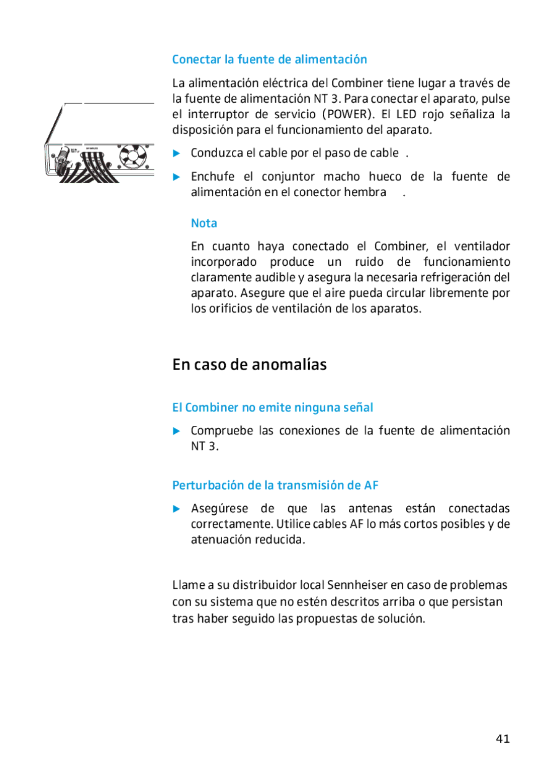 Sennheiser AC2 manual En caso de anomalías, Conectar la fuente de alimentación, El Combiner no emite ninguna señal 