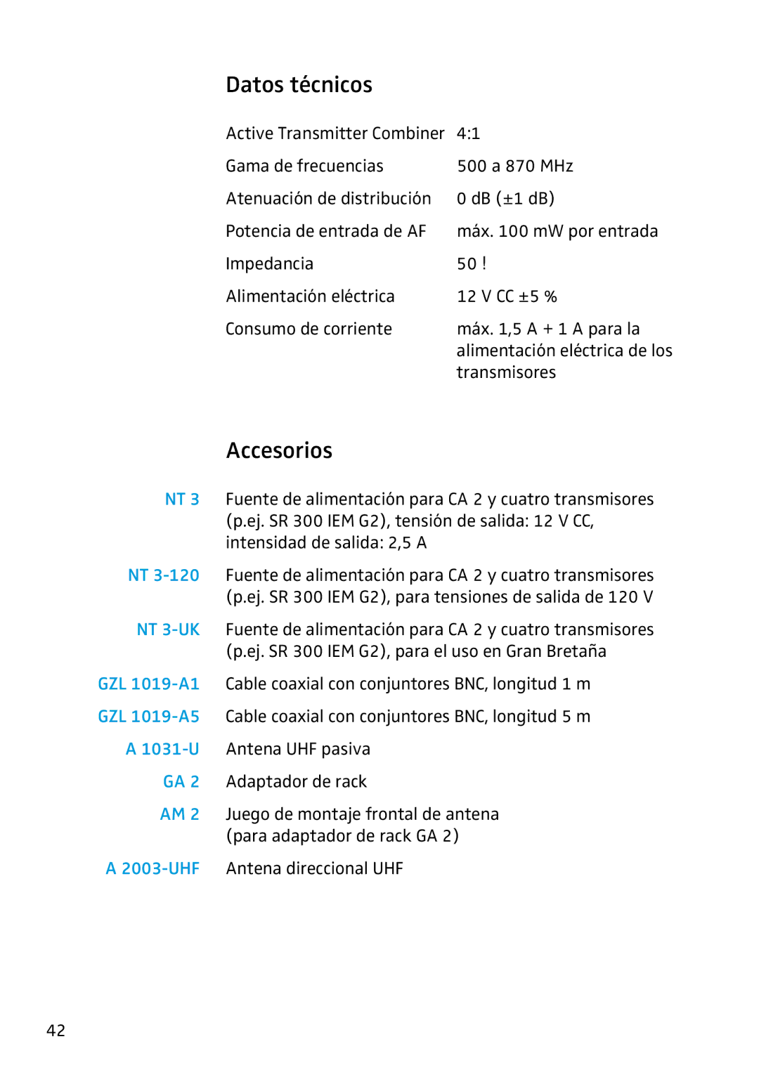 Sennheiser AC2 manual Datos técnicos, Accesorios 