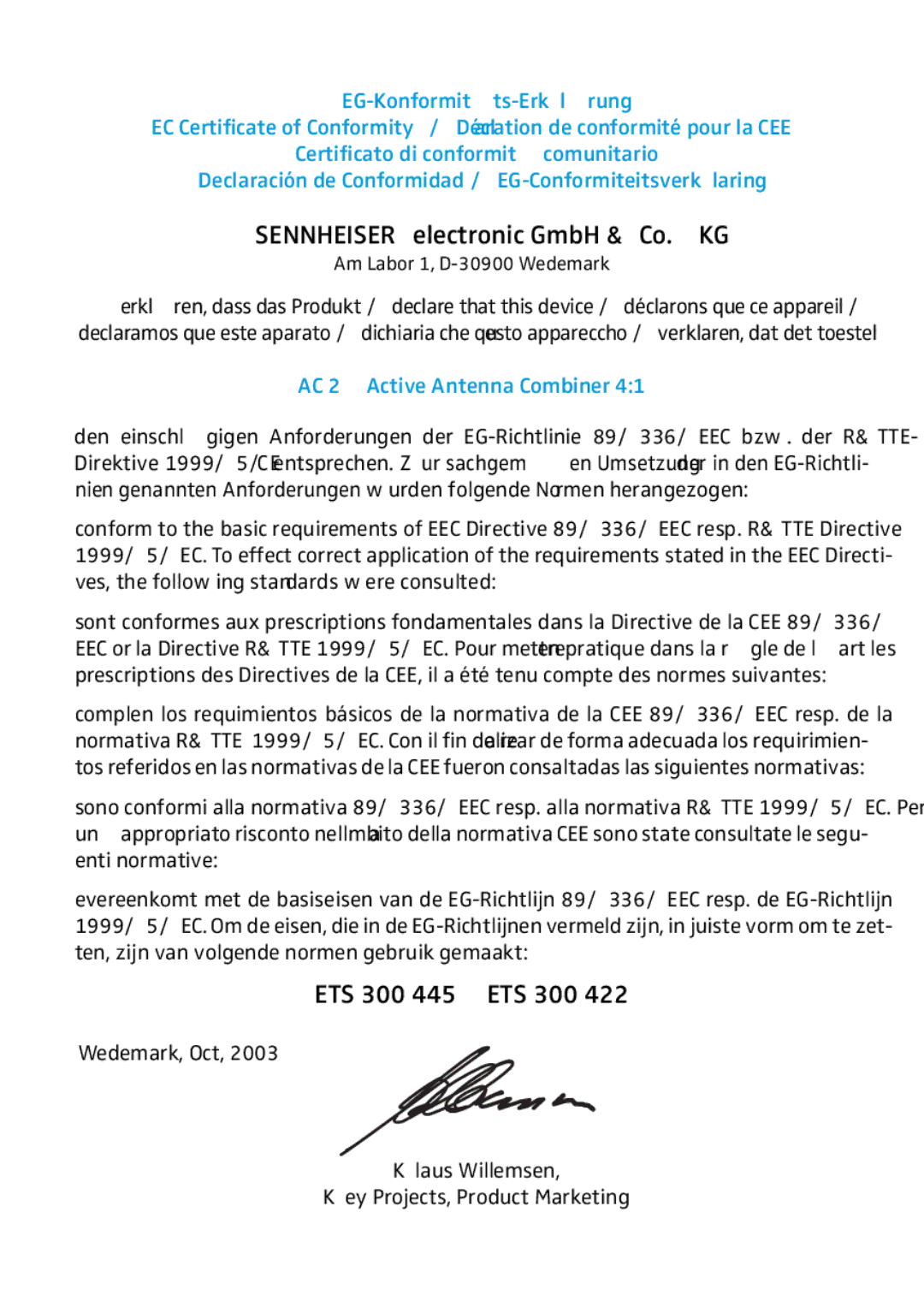 Sennheiser AC2 manual Sennheiser electronic GmbH & Co. KG 