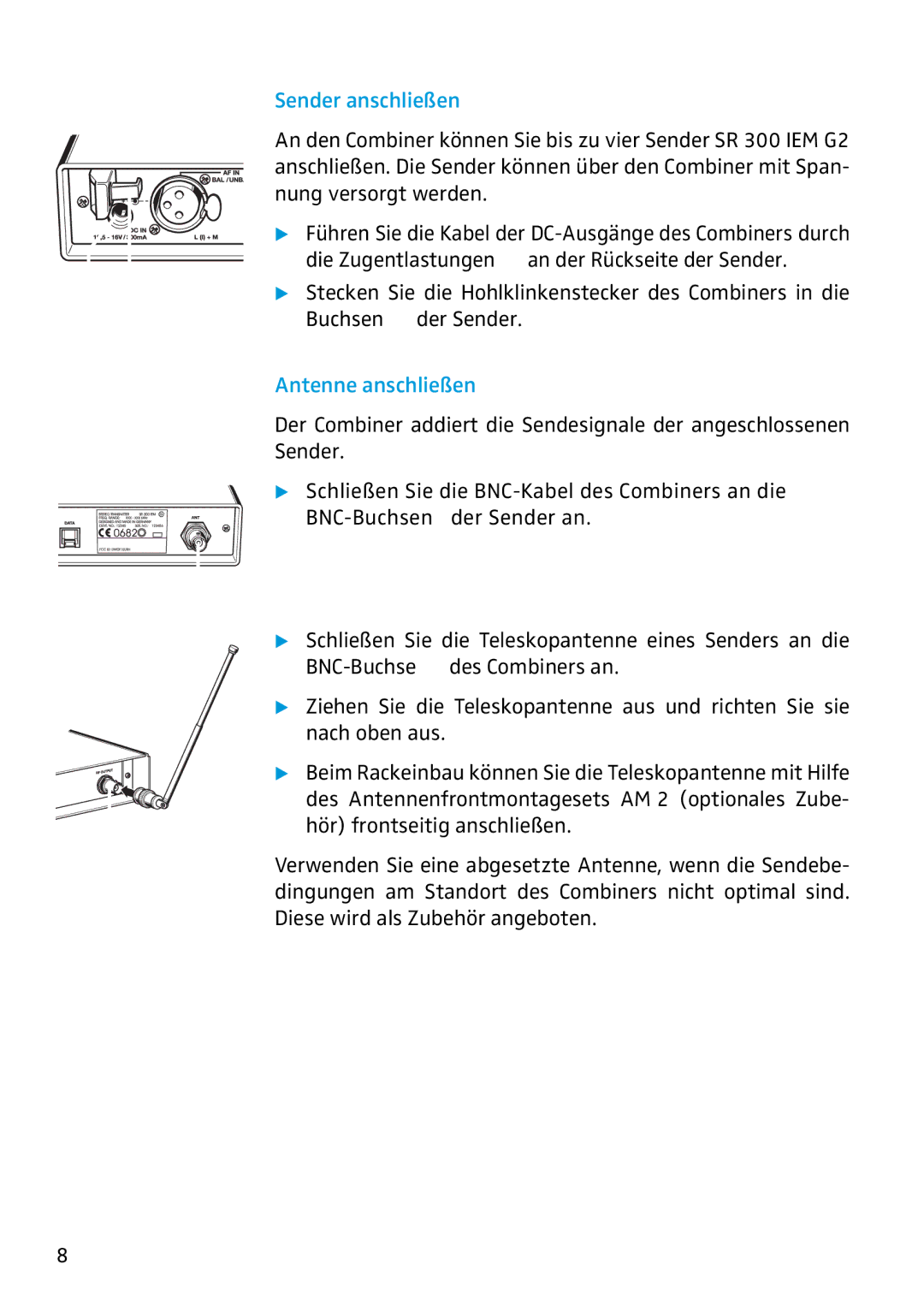 Sennheiser AC2 manual Sender anschließen, Antenne anschließen 