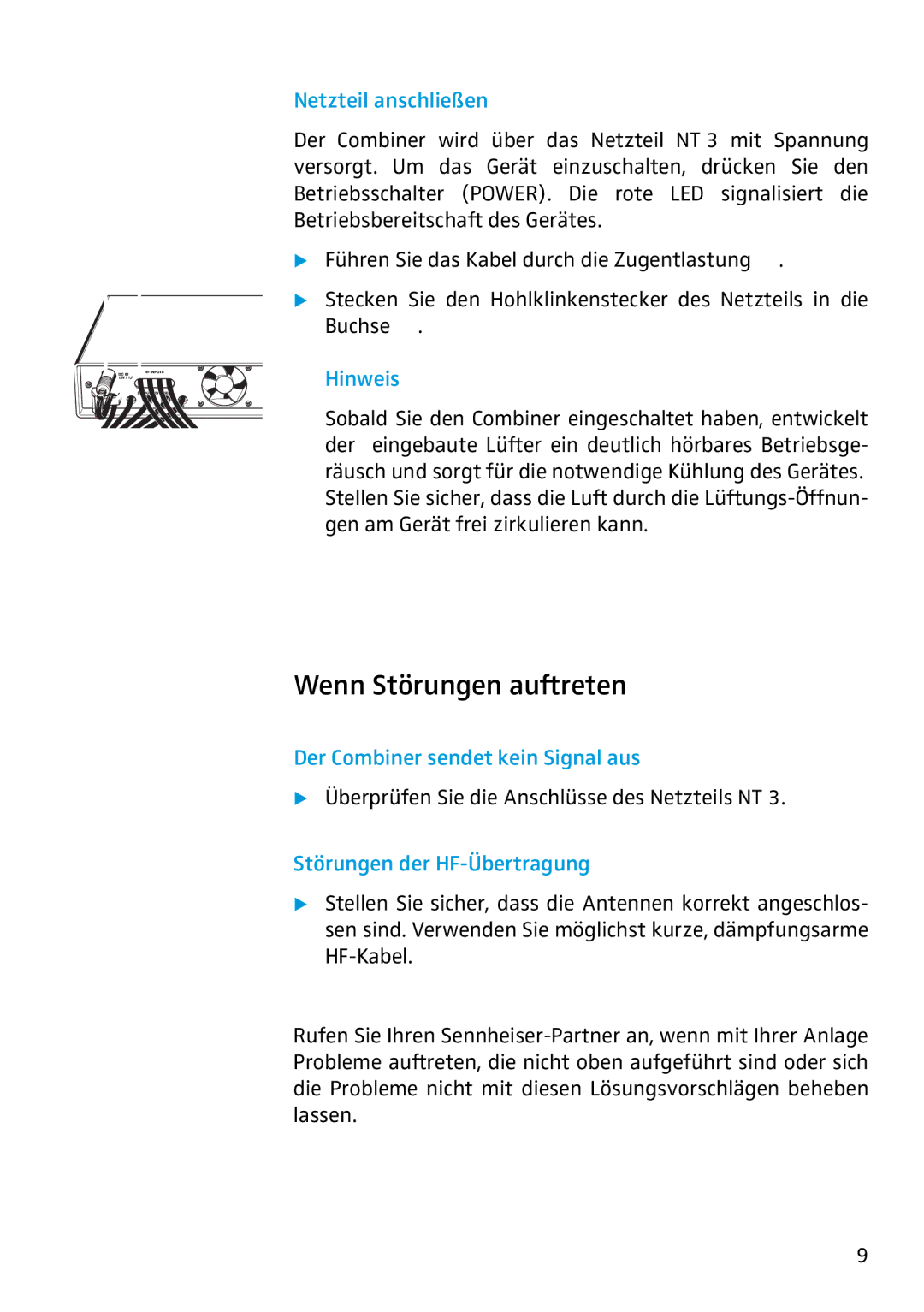 Sennheiser AC2 manual Wenn Störungen auftreten, Netzteil anschließen, Der Combiner sendet kein Signal aus 