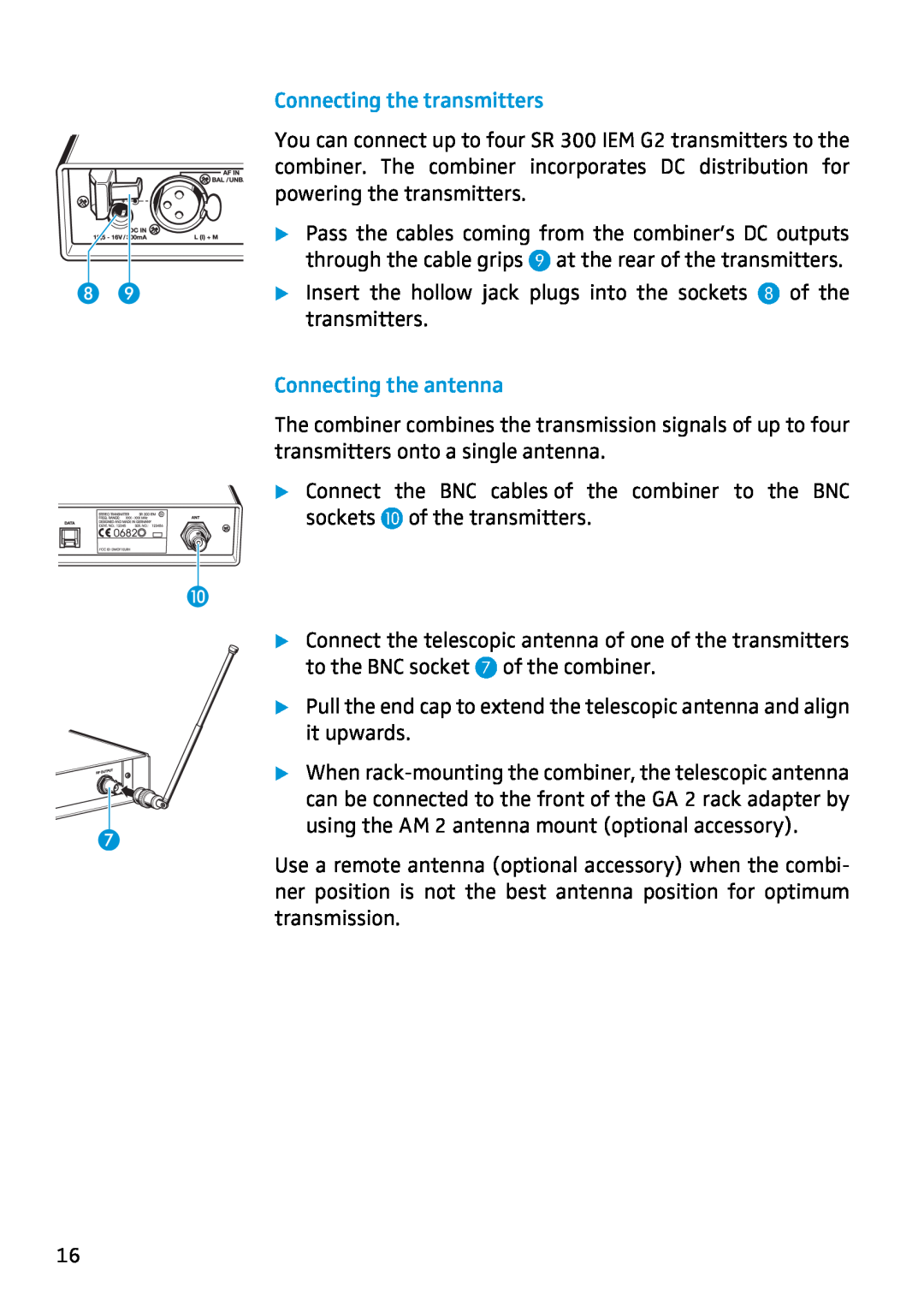 Sennheiser AC2 manual Connecting the transmitters, Connecting the antenna, through the cable grips 