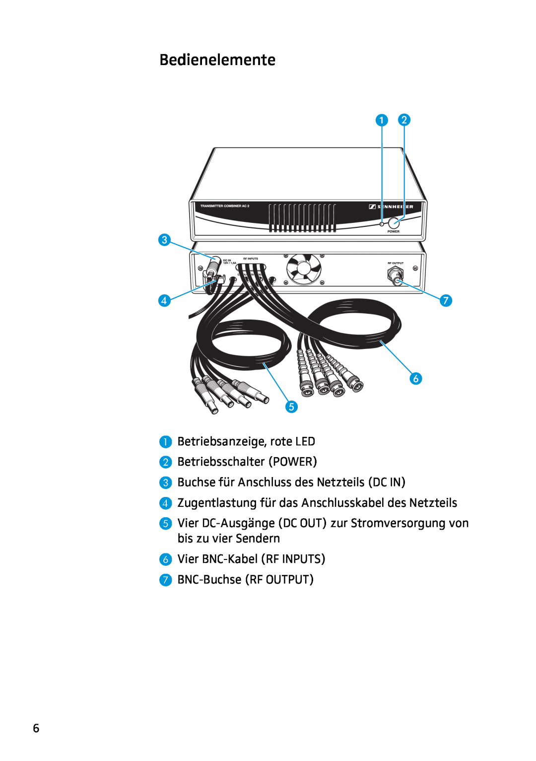Sennheiser AC2 manual Bedienelemente, Betriebsanzeige, rote LED Betriebsschalter POWER 