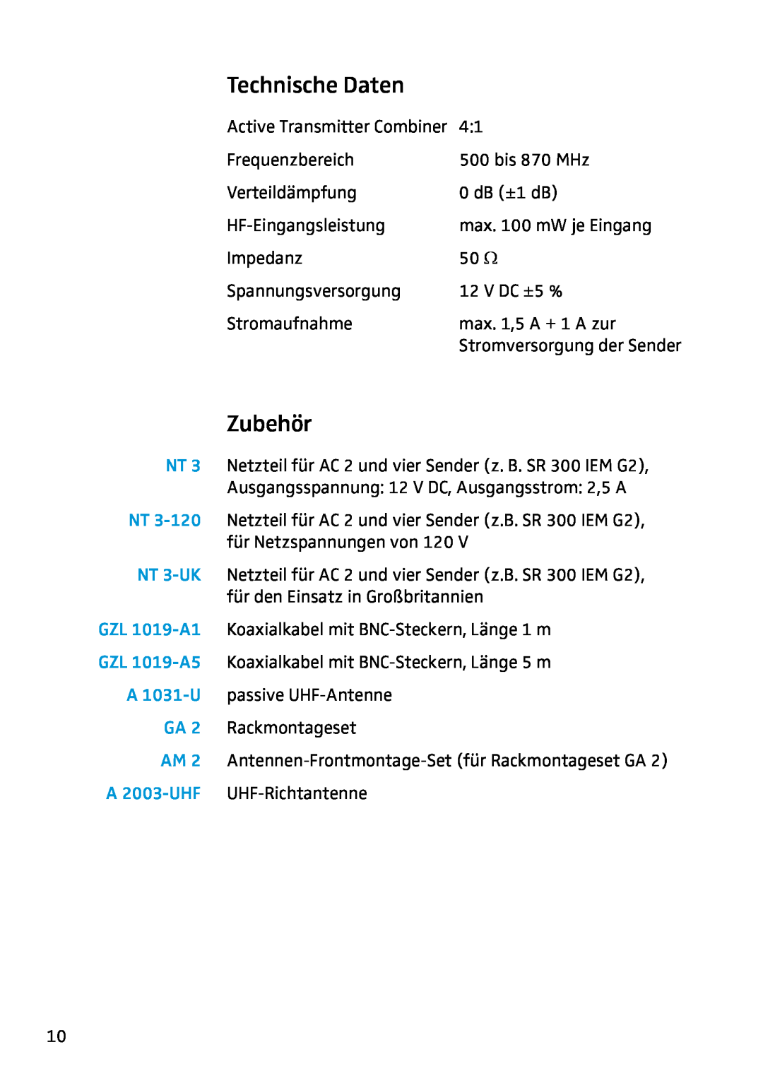 Sennheiser AC2 manual Technische Daten, Zubehör 