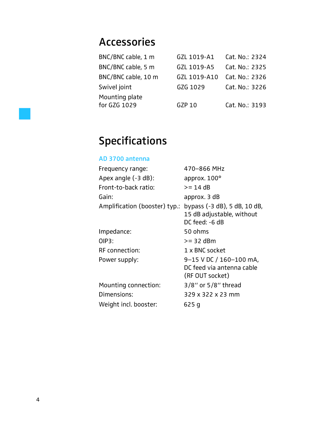 Sennheiser AD 3700 manual Accessories, Specifications 