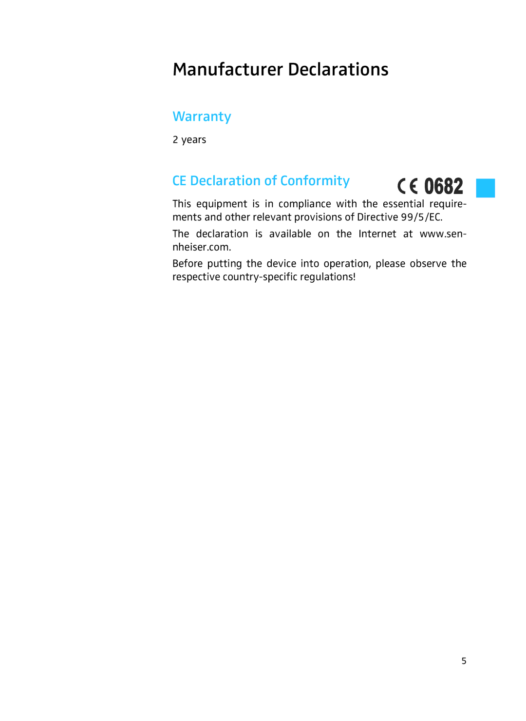 Sennheiser AD 3700 manual Manufacturer Declarations, Warranty, CE Declaration of Conformity 