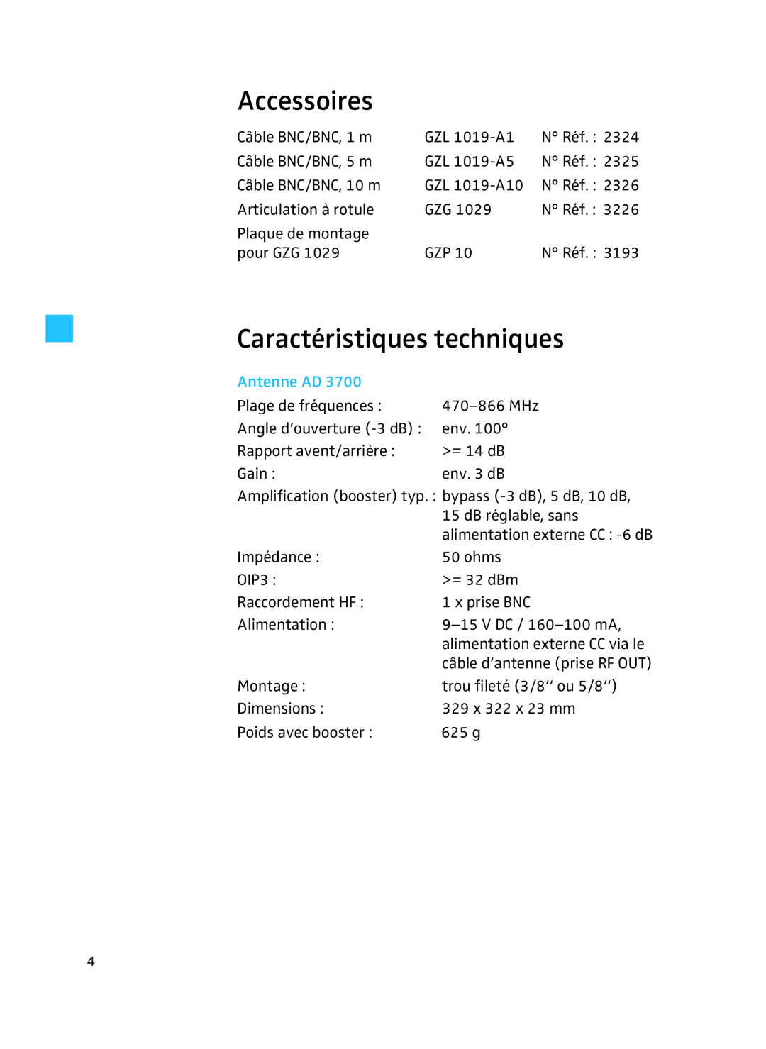 Sennheiser AD 3700 manual Accessoires, Caractéristiques techniques 