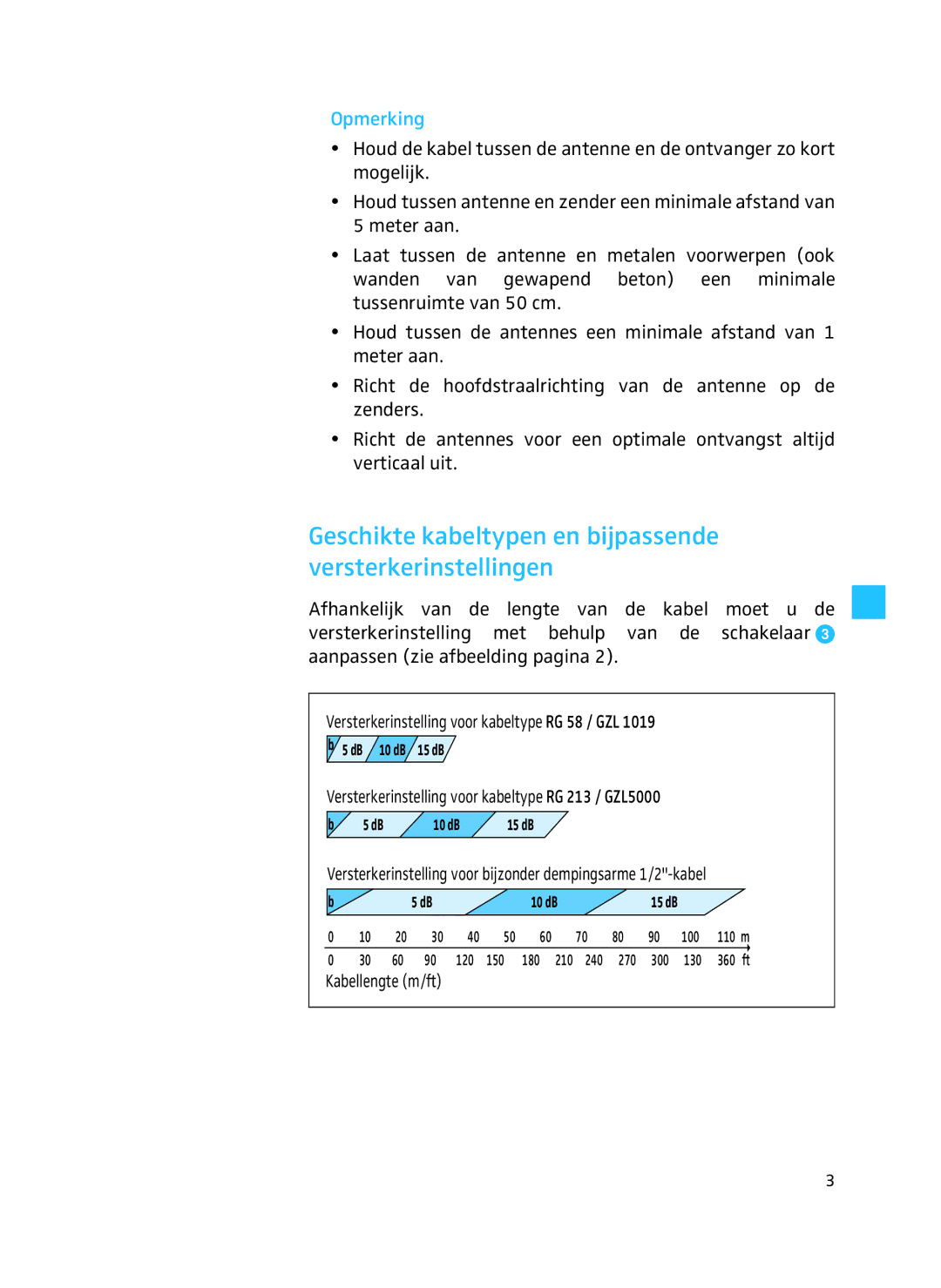 Sennheiser AD 3700 manual Geschikte kabeltypen en bijpassende versterkerinstellingen, Opmerking 