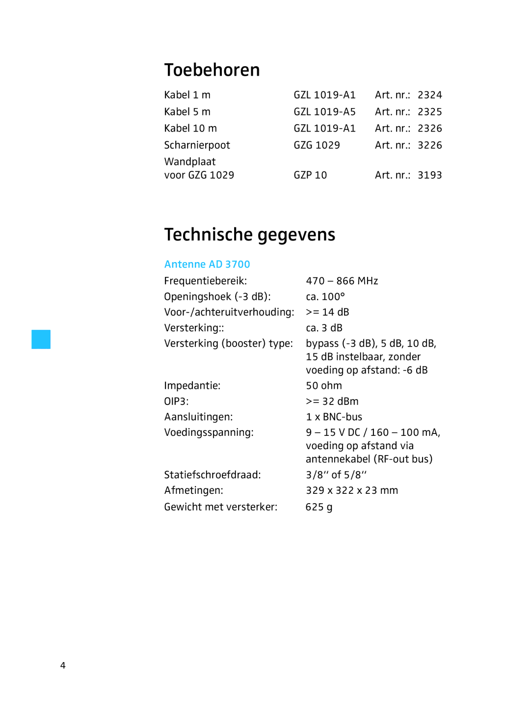 Sennheiser AD 3700 manual Toebehoren, Technische gegevens 