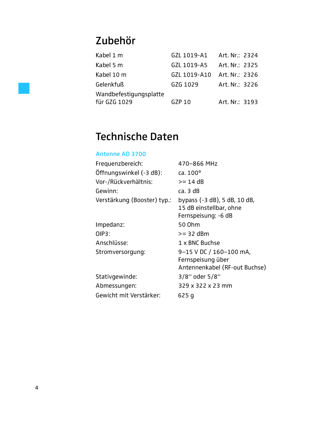 Sennheiser AD 3700 manual Zubehör, Technische Daten, Antenne AD 