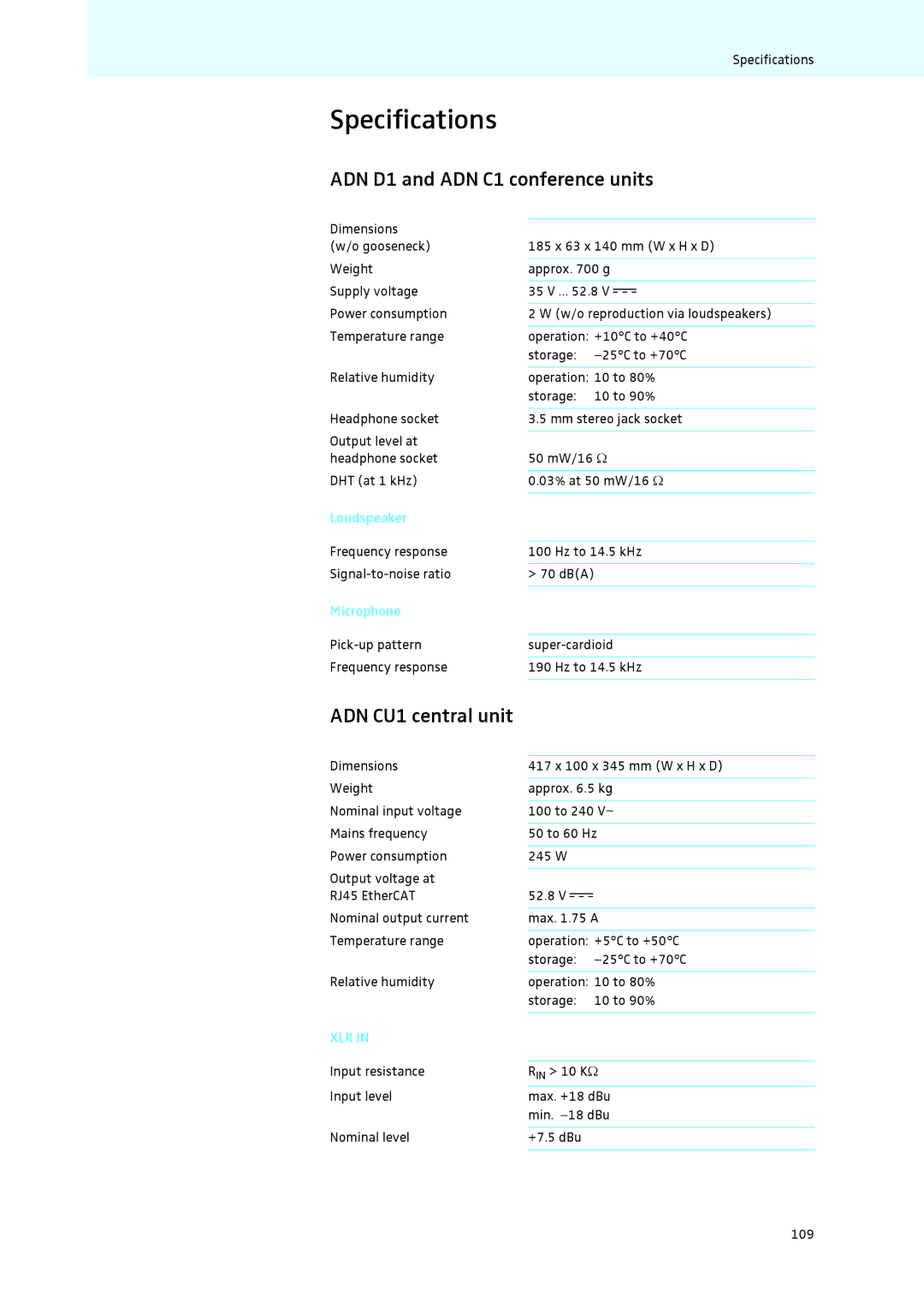 Sennheiser Specifications, ADN D1 and ADN C1 conference units, Loudspeaker, Hz to 14.5 kHz 70 dBA Super-cardioid 