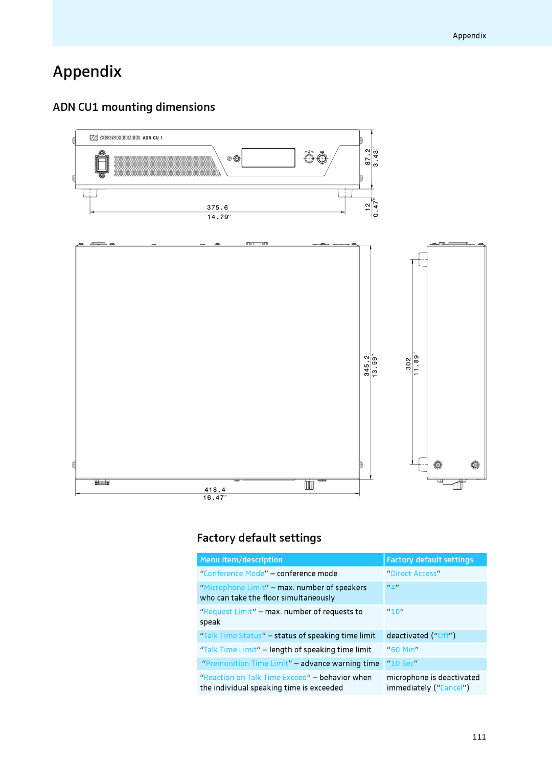 Sennheiser instruction manual Appendix, ADN CU1 mounting dimensions Factory default settings 