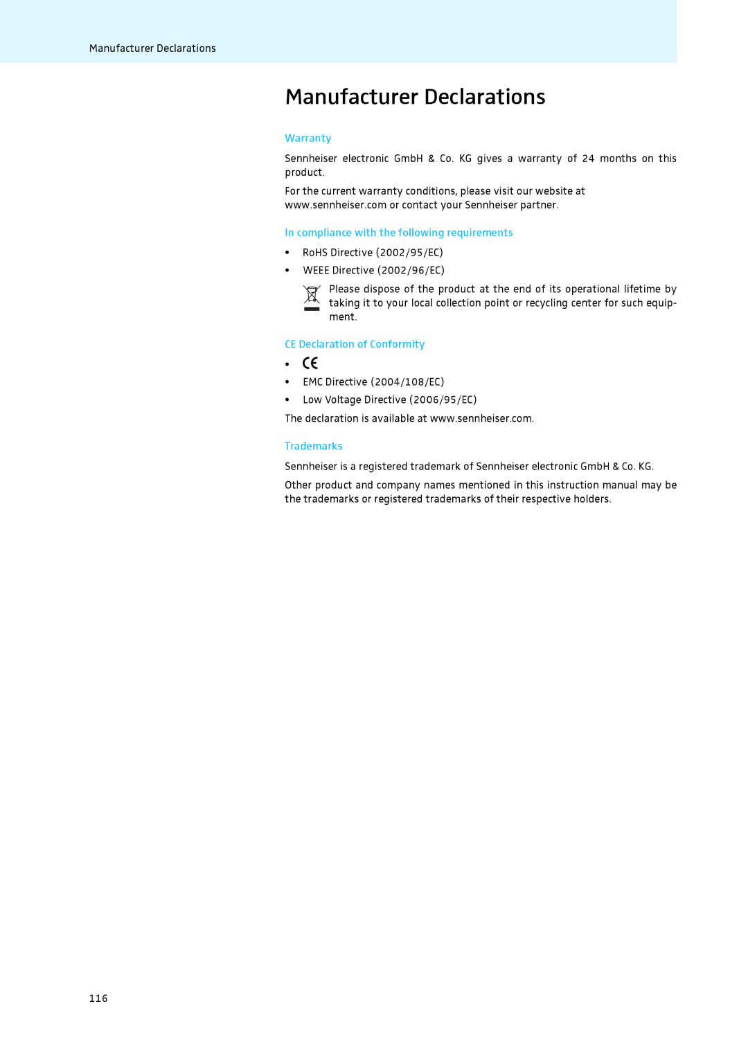 Sennheiser ADN Manufacturer Declarations, Warranty, Compliance with the following requirements, Trademarks 