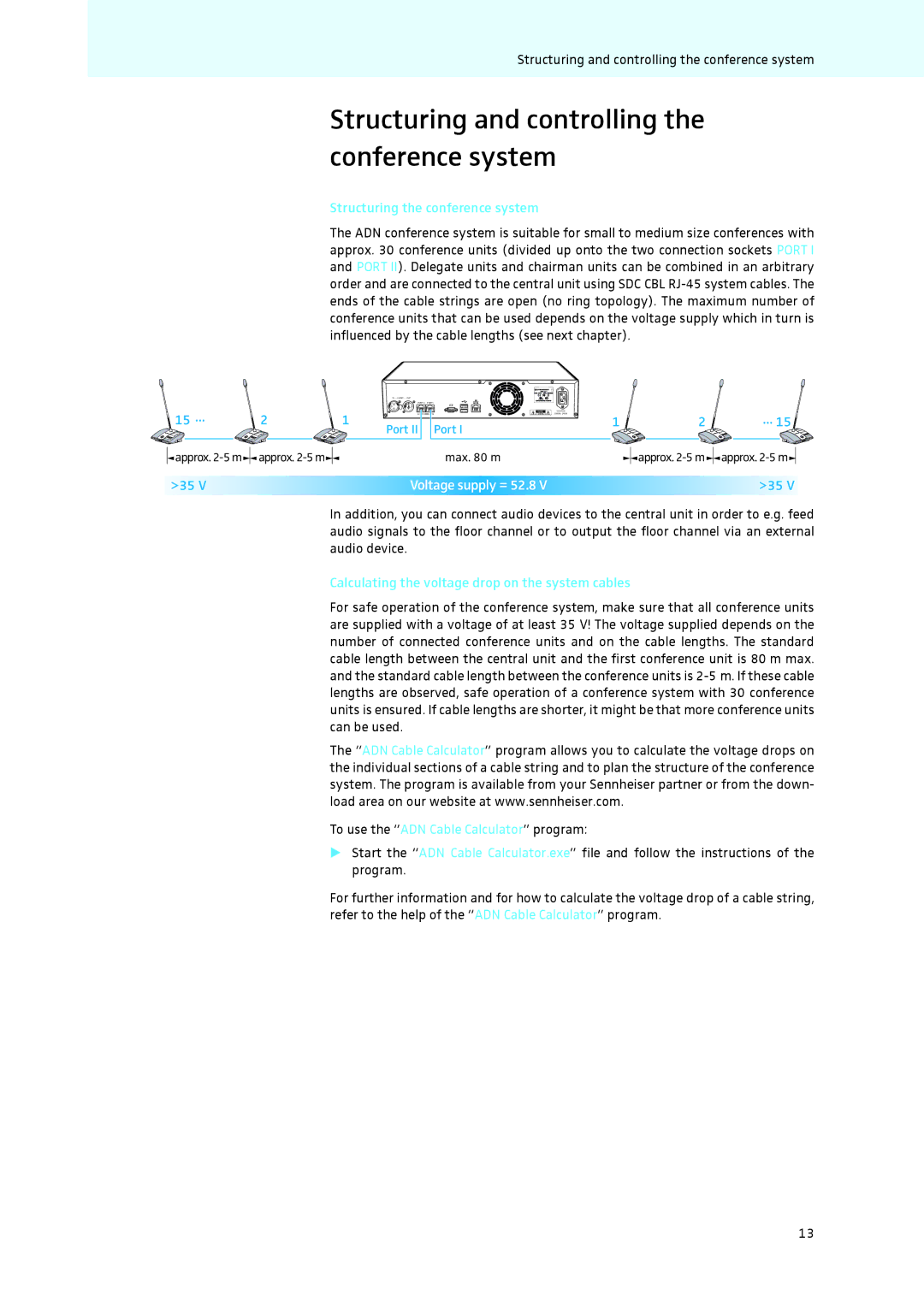 Sennheiser ADN Structuring and controlling the conference system, Structuring the conference system, Voltage supply = 52.8 