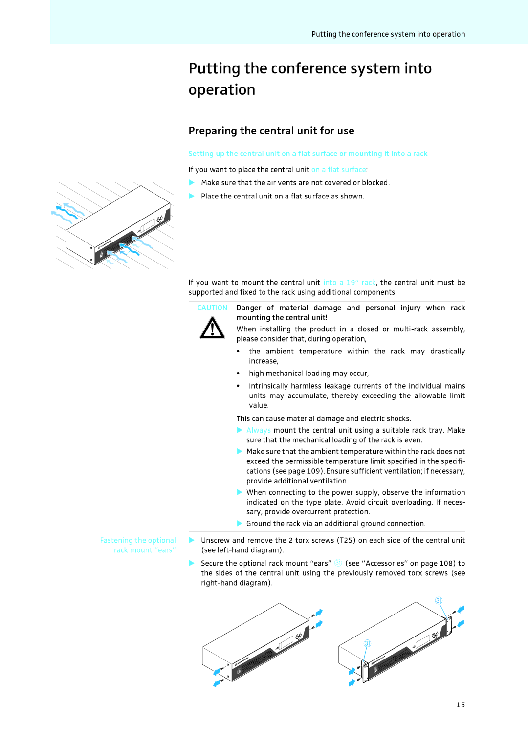 Sennheiser ADN Putting the conference system into operation, Preparing the central unit for use, Rack mount ears 