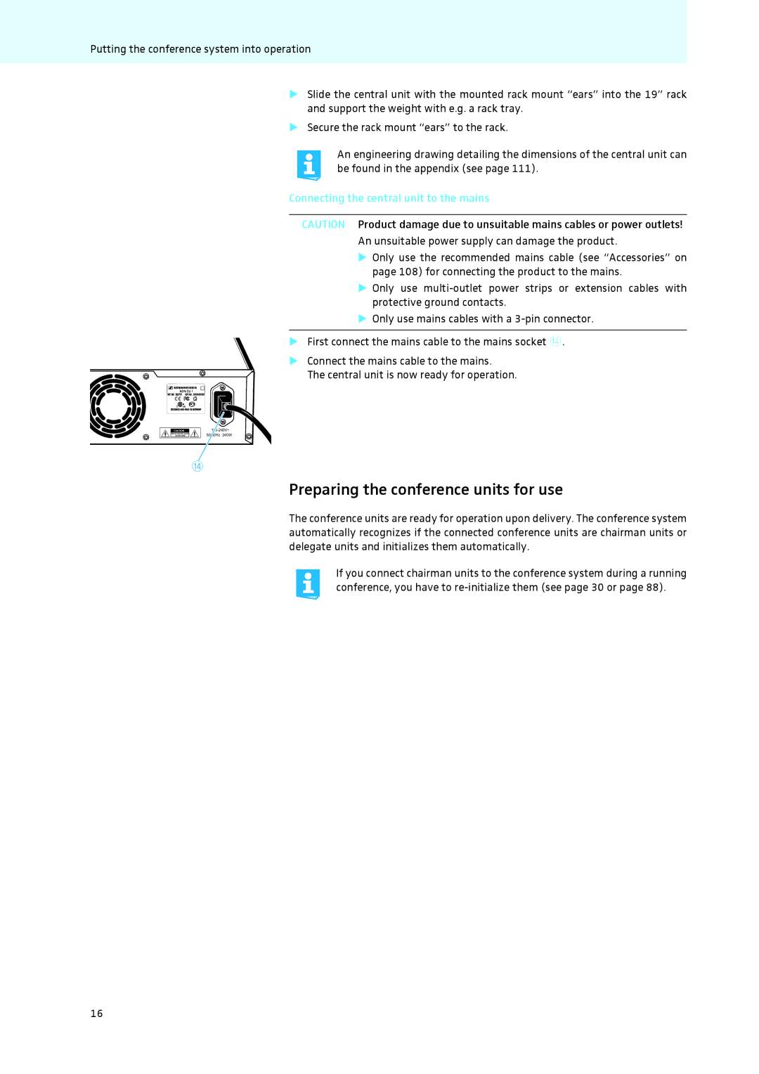 Sennheiser ADN instruction manual Preparing the conference units for use, Connecting the central unit to the mains 