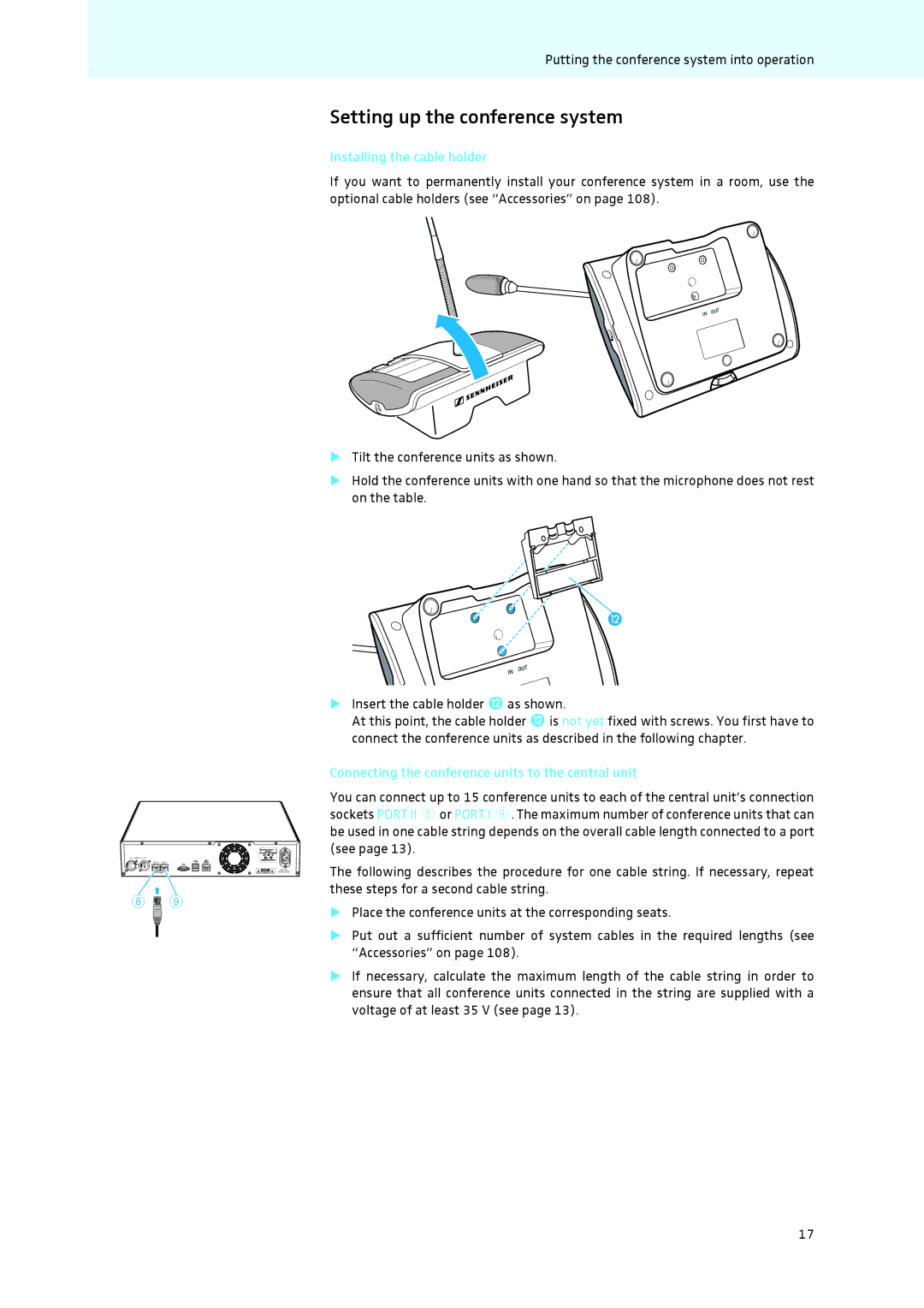 Sennheiser ADN instruction manual Setting up the conference system, Installing the cable holder 