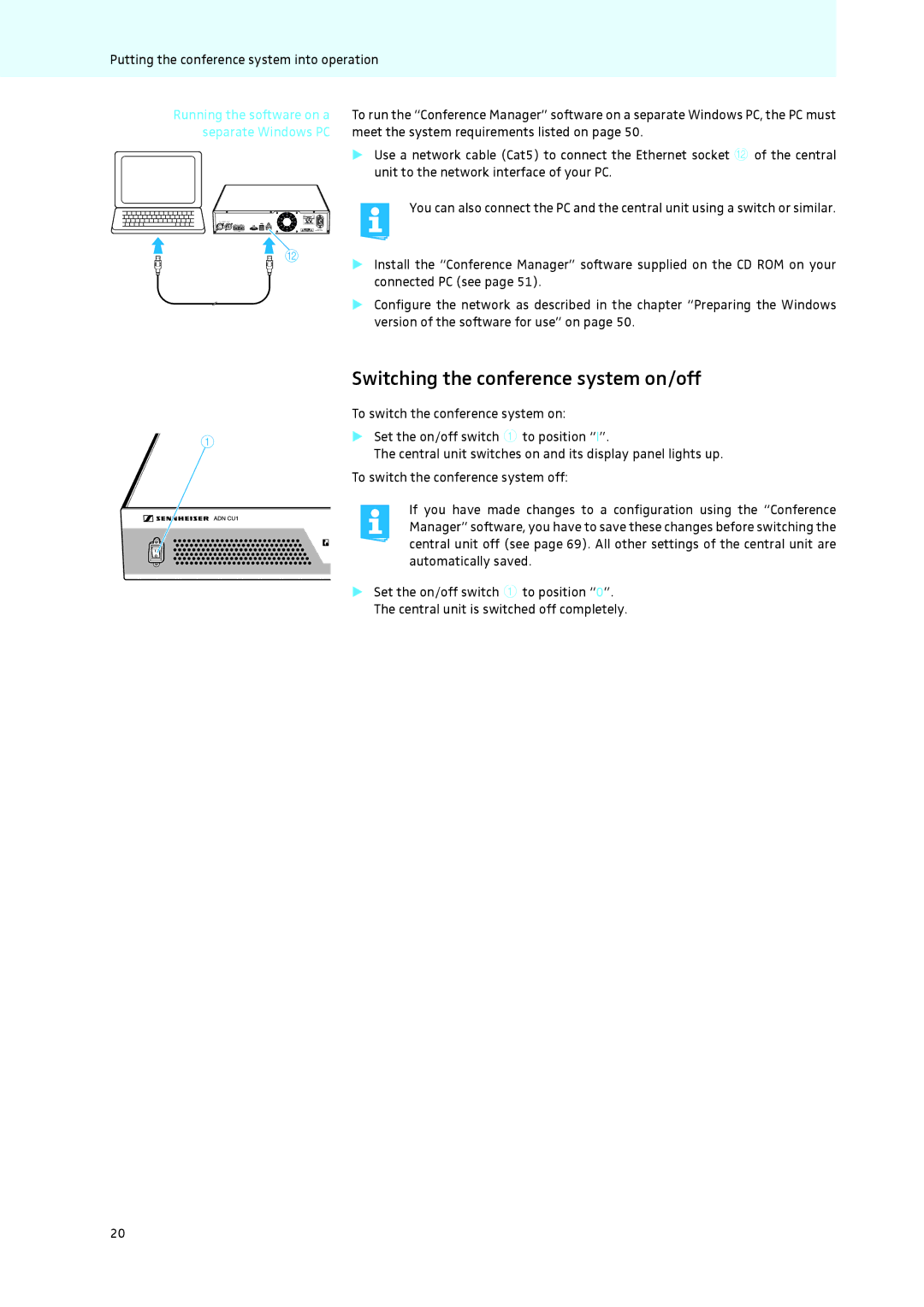 Sennheiser ADN instruction manual Switching the conference system on/off 