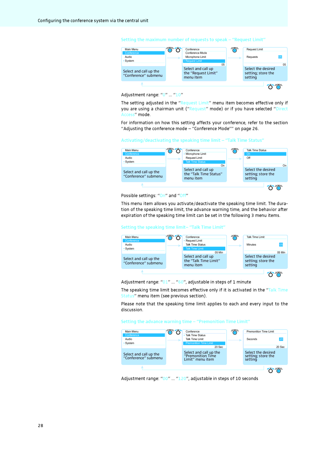 Sennheiser ADN instruction manual Possible settings On and Off, Setting the speaking time limit- Talk Time Limit 