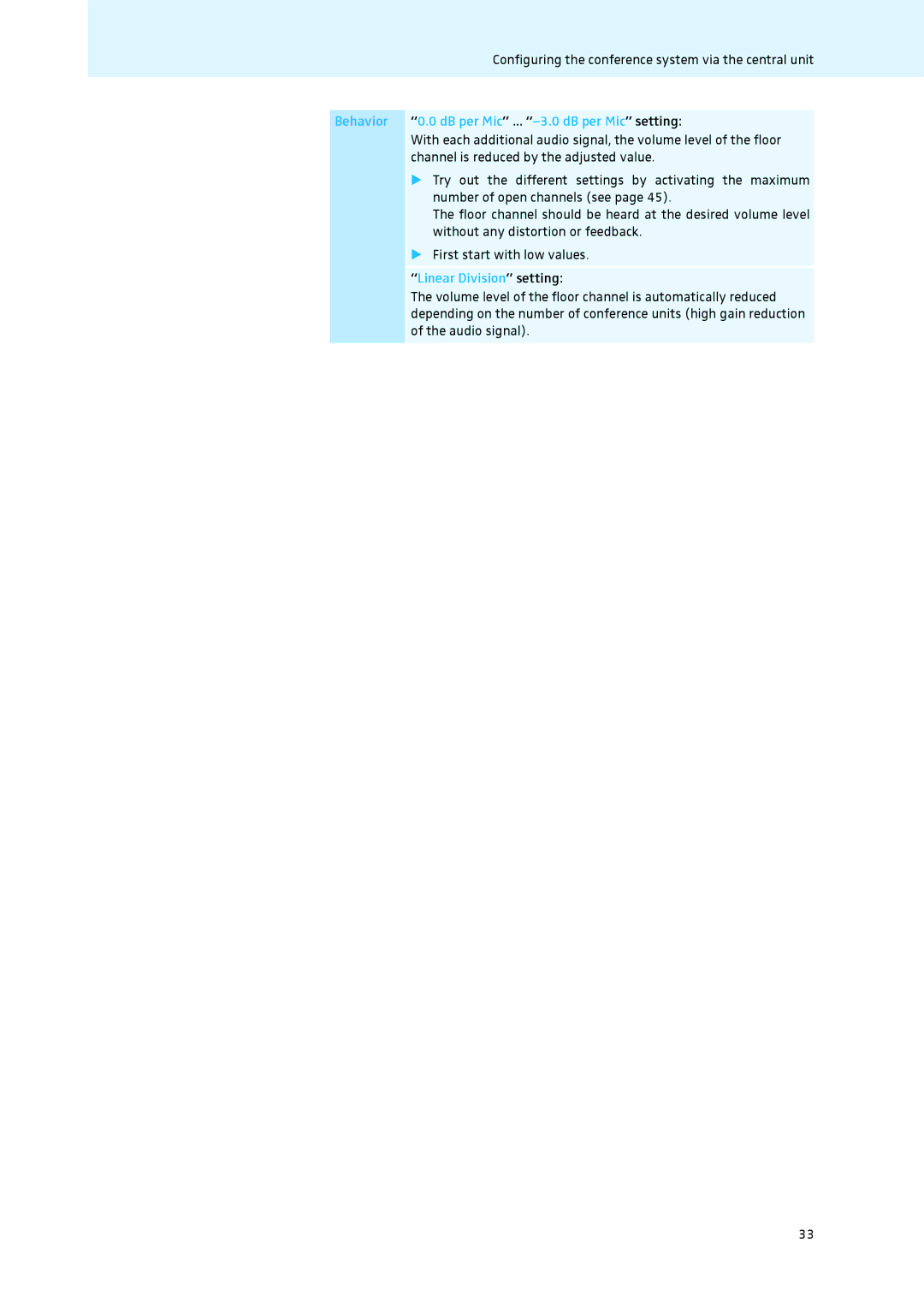 Sennheiser ADN instruction manual Behavior DB per Mic ... -3.0 dB per Mic setting, Linear Division setting 