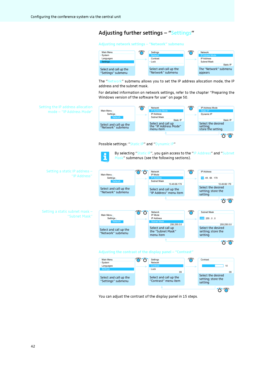 Sennheiser ADN instruction manual Adjusting further settings Settings, Adjusting network settings Network submenu 