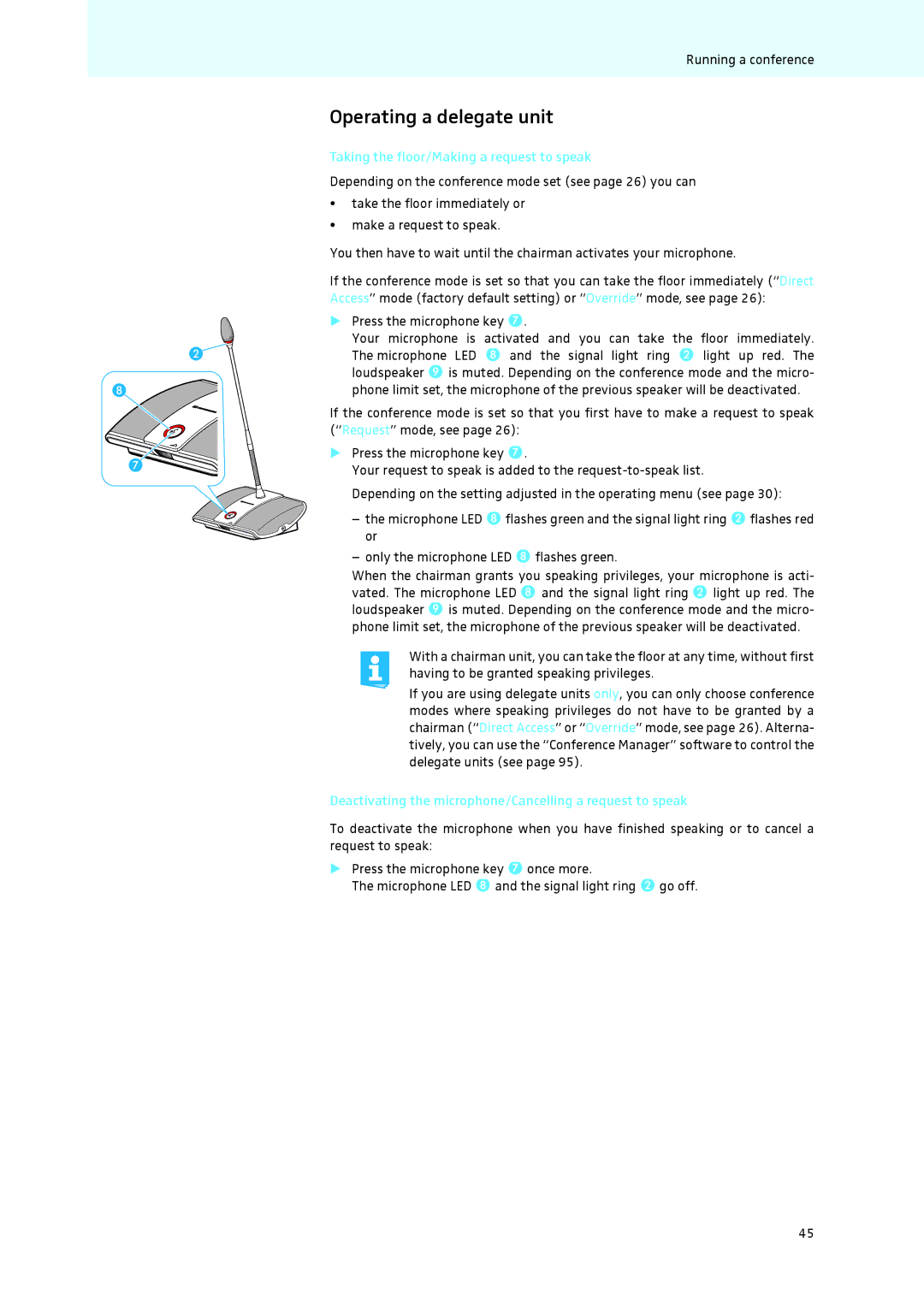 Sennheiser ADN instruction manual Operating a delegate unit, Taking the floor/Making a request to speak 