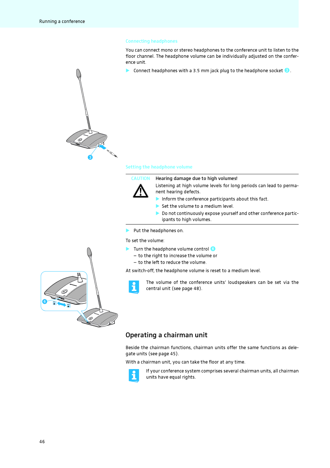 Sennheiser ADN instruction manual Operating a chairman unit, Connecting headphones, Setting the headphone volume 