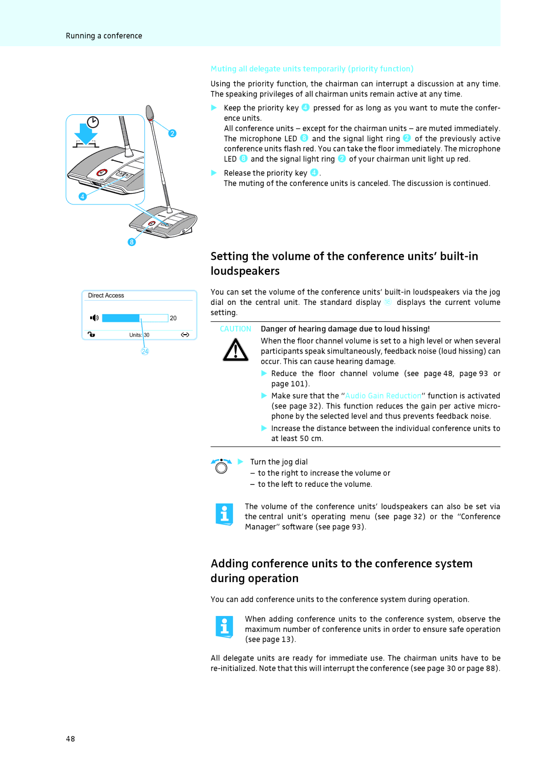 Sennheiser ADN instruction manual Setting the volume of the conference units’ built-in, Loudspeakers 