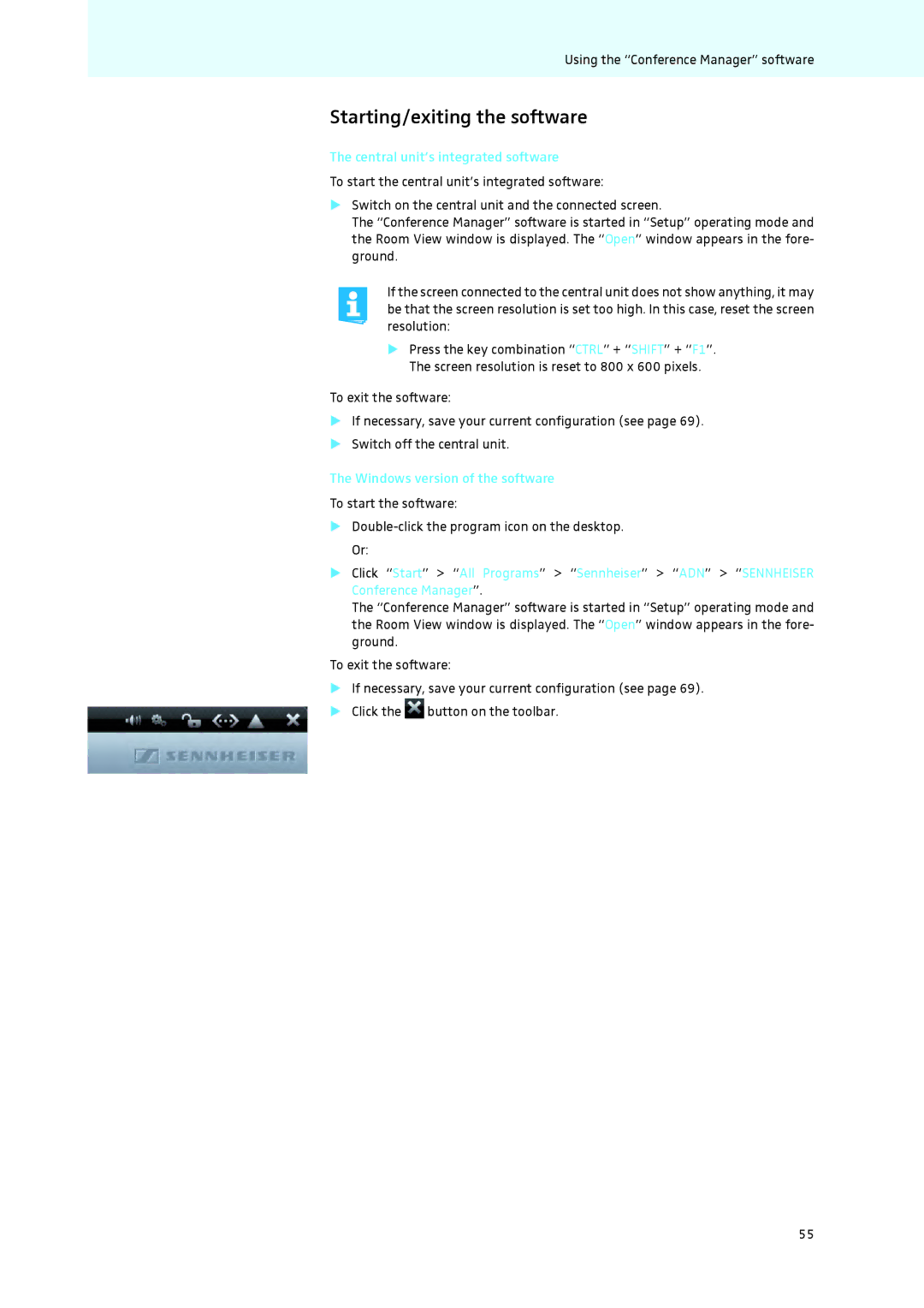 Sennheiser ADN Starting/exiting the software, Central unit’s integrated software, Windows version of the software 