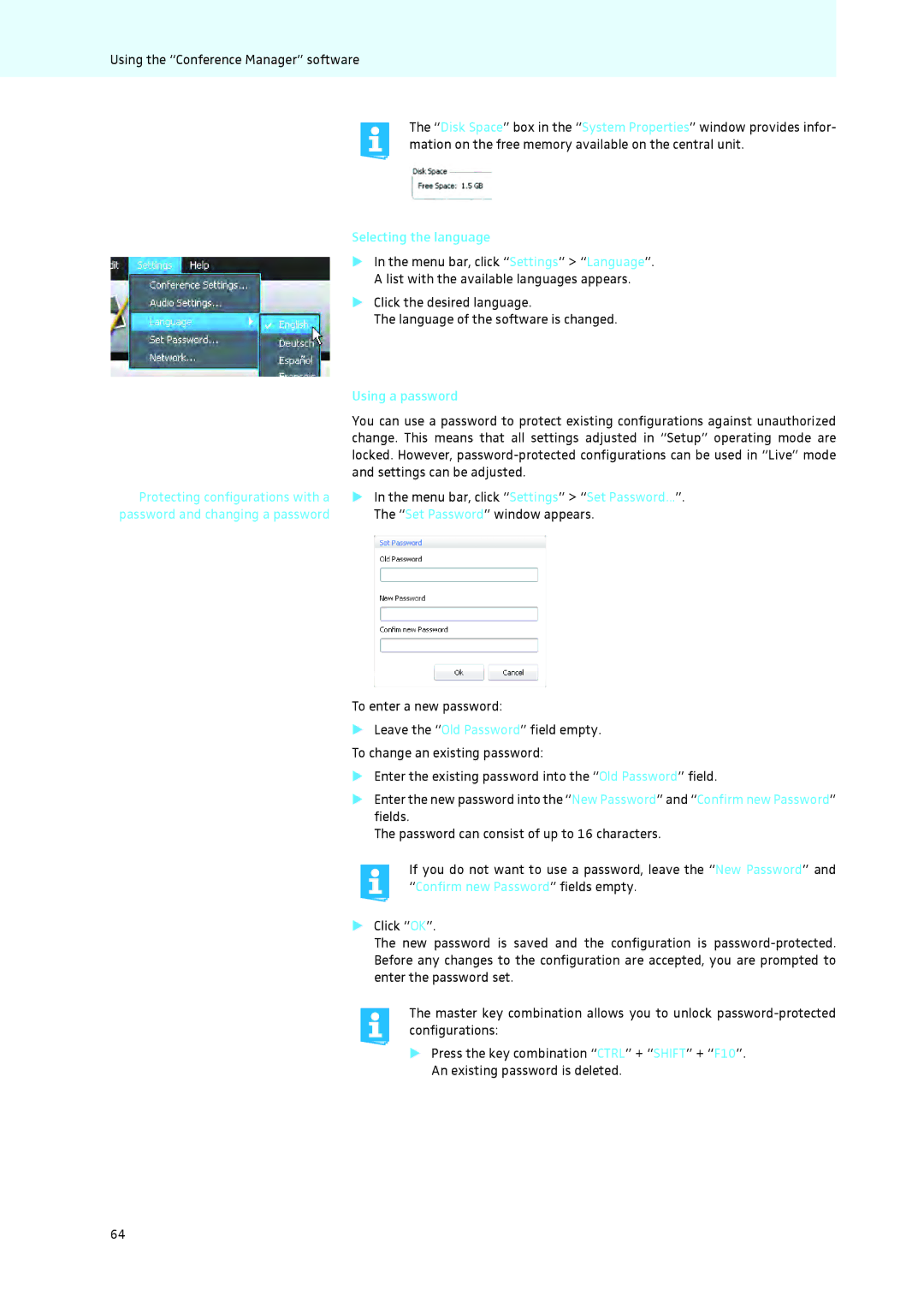 Sennheiser ADN Selecting the language, Using a password, Settings can be adjusted, Set Password window appears 