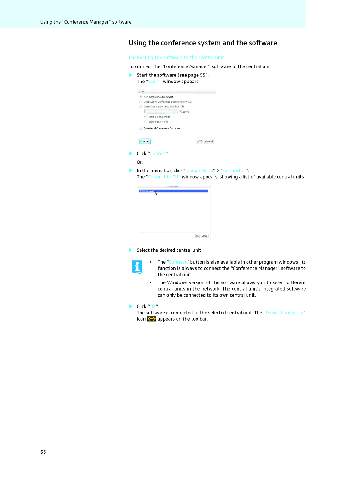 Sennheiser ADN instruction manual Using the conference system and the software, Connecting the software to the central unit 