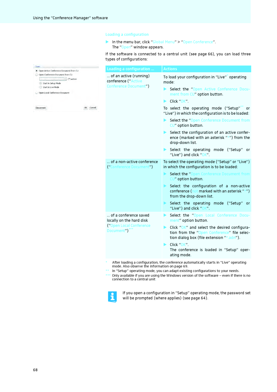 Sennheiser ADN instruction manual Loading a configuration Actions 