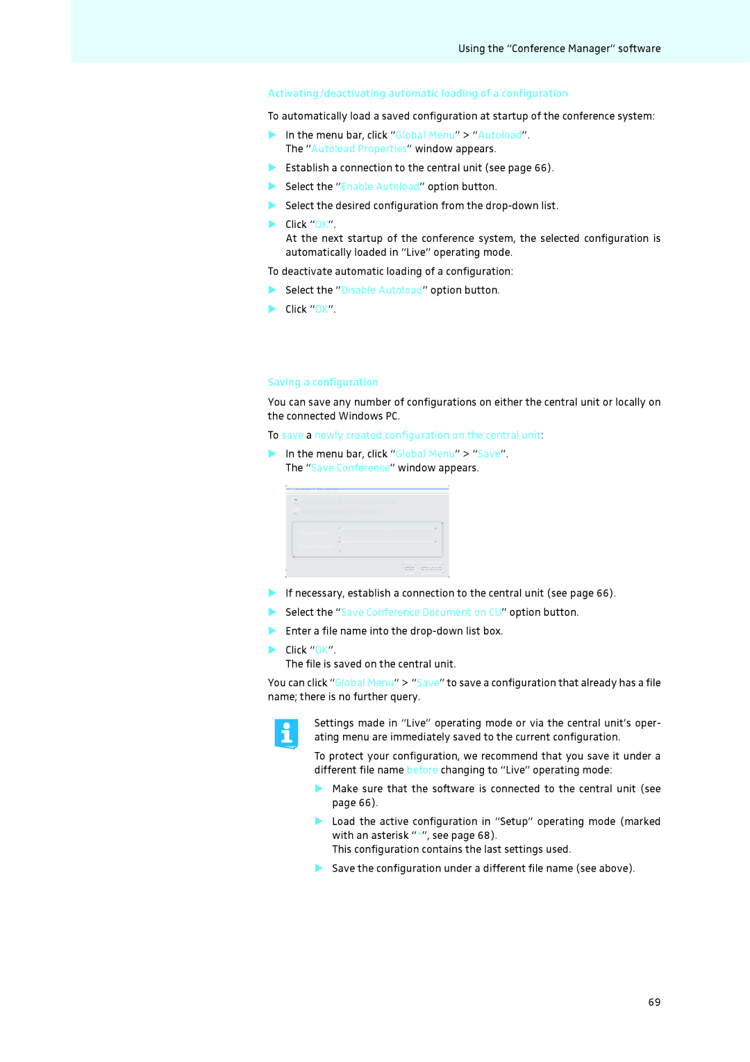 Sennheiser ADN instruction manual Saving a configuration, To save a newly created configuration on the central unit 