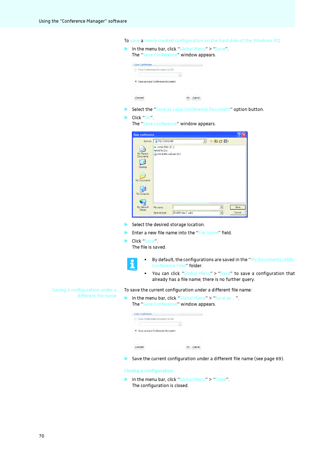 Sennheiser ADN instruction manual Select the Save as Local Conference Document option button, Closing a configuration 