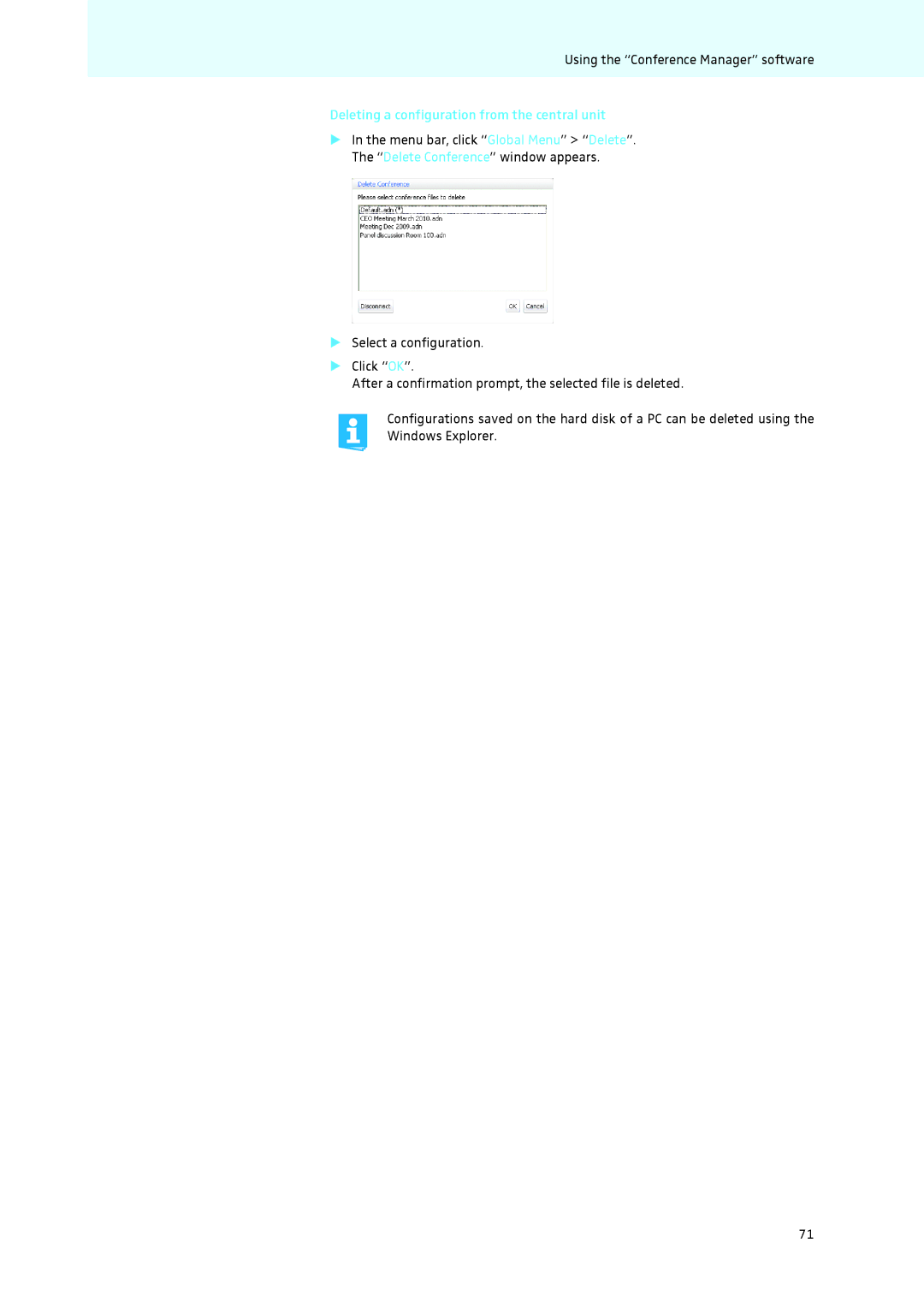 Sennheiser ADN instruction manual Deleting a configuration from the central unit 