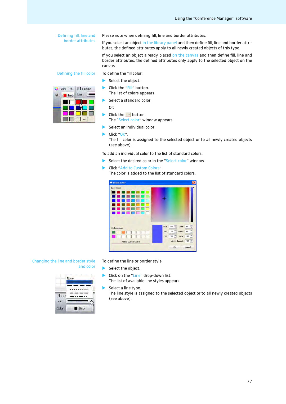 Sennheiser ADN instruction manual Defining the fill color, Please note when defining fill, line and border attributes 