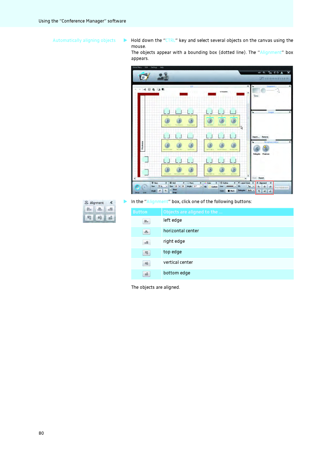 Sennheiser ADN instruction manual Automatically aligning objects, Button Objects are aligned to 