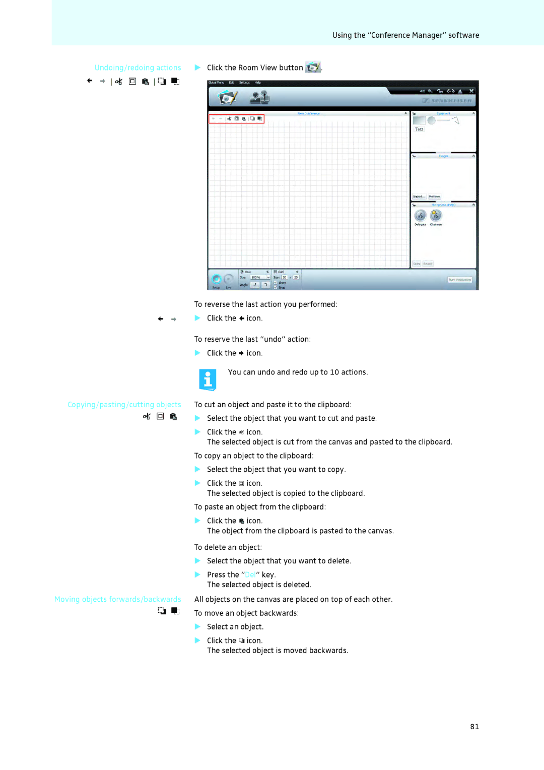 Sennheiser ADN instruction manual Undoing/redoing actions Click the Room View button, Moving objects forwards/backwards 