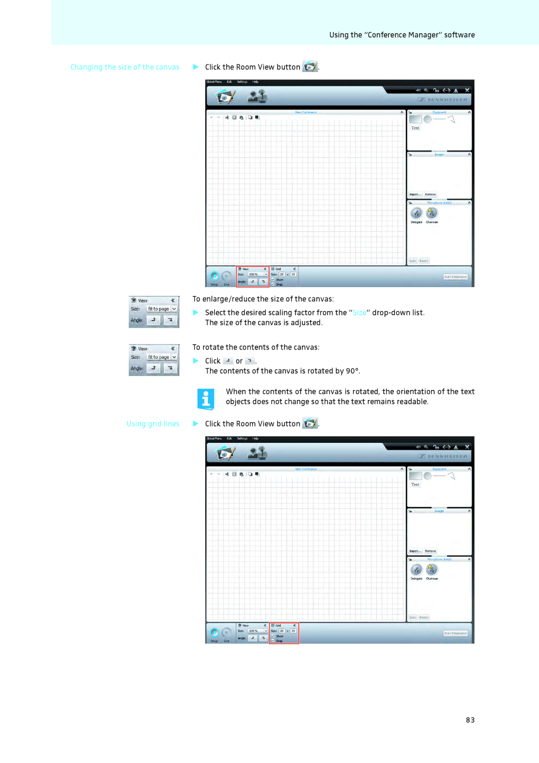 Sennheiser ADN instruction manual Changing the size of the canvas Click the Room View button 